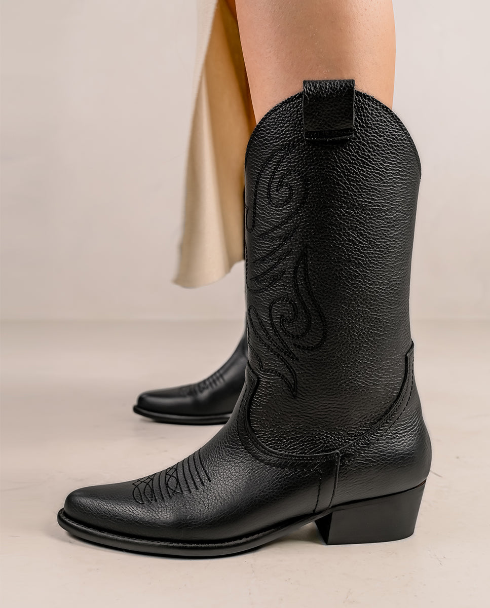 Bota de mujer de piel estilo cowboy - Bryan Stepwise - Negro Negro-2