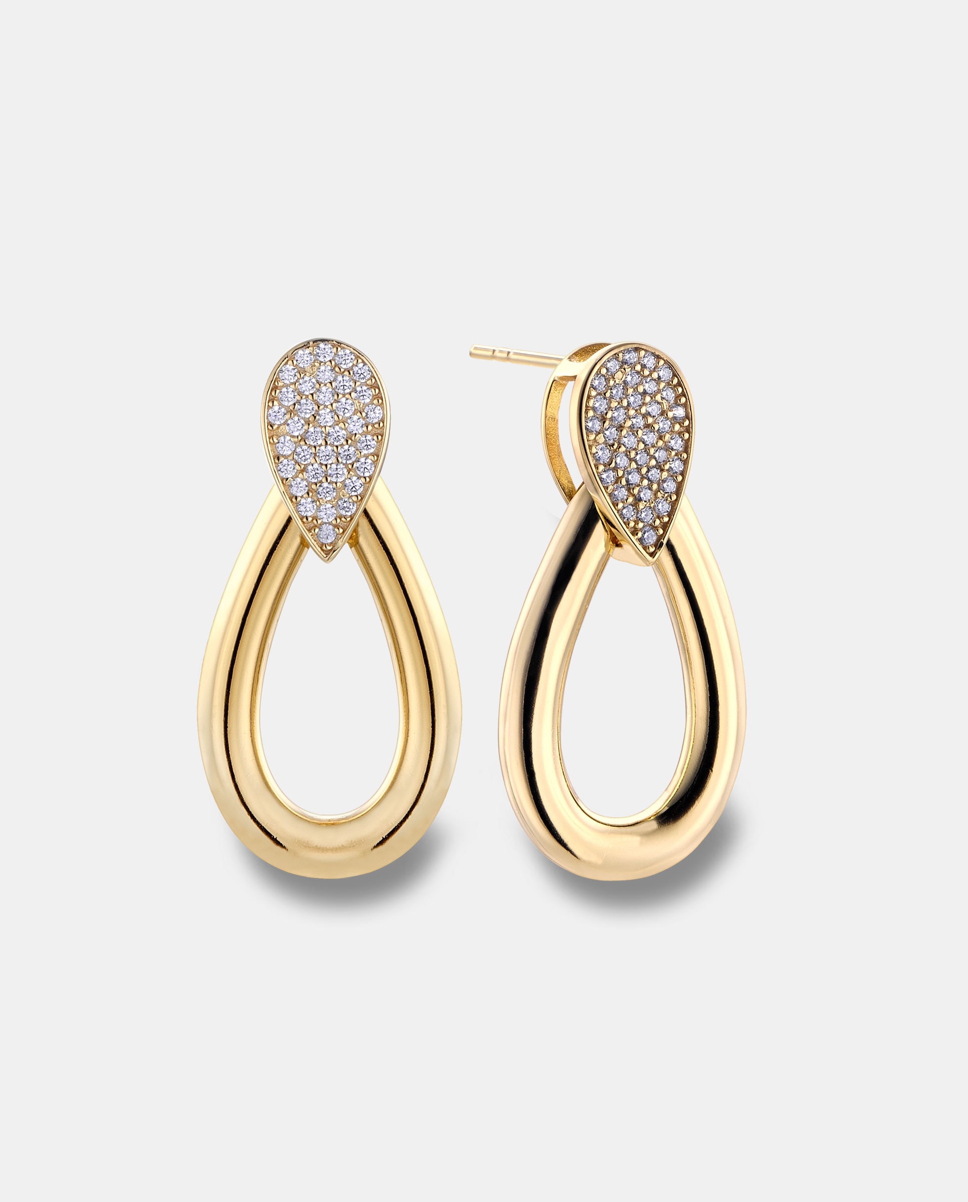 Imagen 1 de Pendientes pretty, dos gotas encontradas, una con pave, dorado, 3 cm Blanco brillo