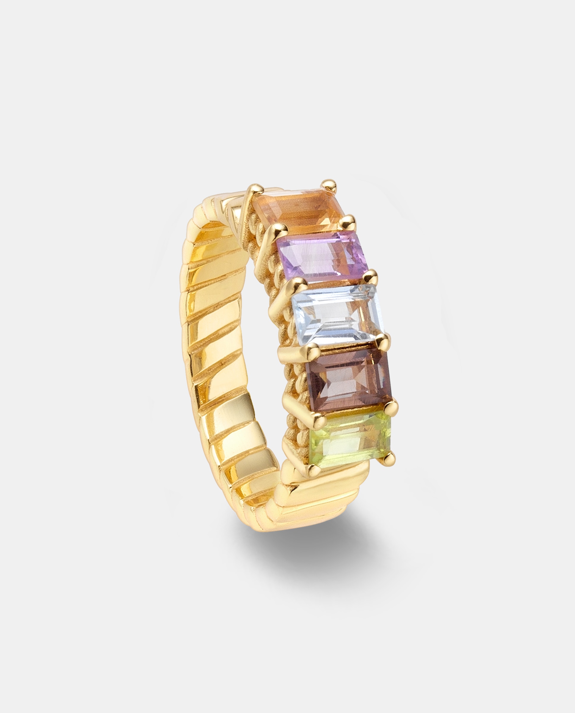 Imagen 0 de Anillo matices, peridoto, cuarzo ahumado, sky blue topaz, amatista, citrino, dorado, talla 10 Multicolor