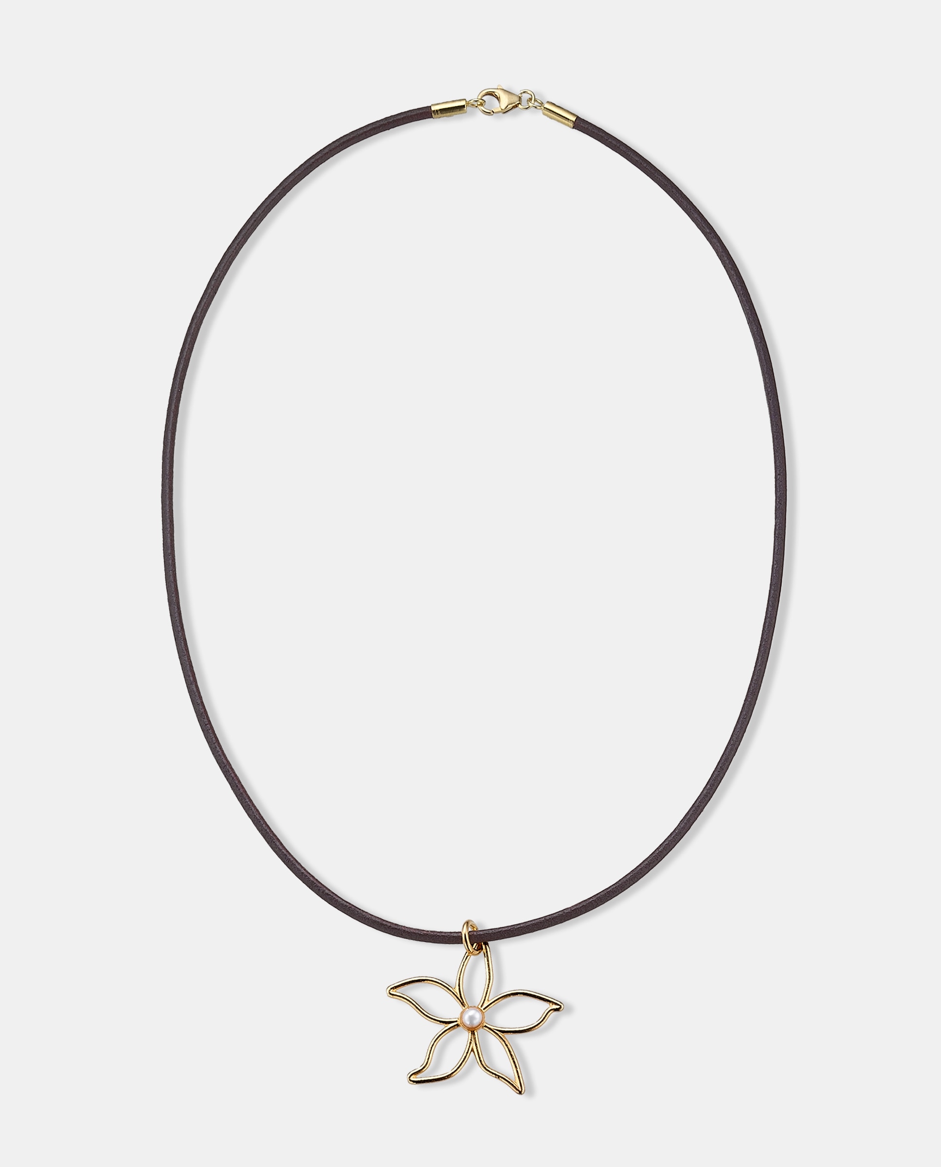 Imagen 0 de Collar fiori flor de plata con acabado de oro amarillo 18k y cuero marrón Marrón