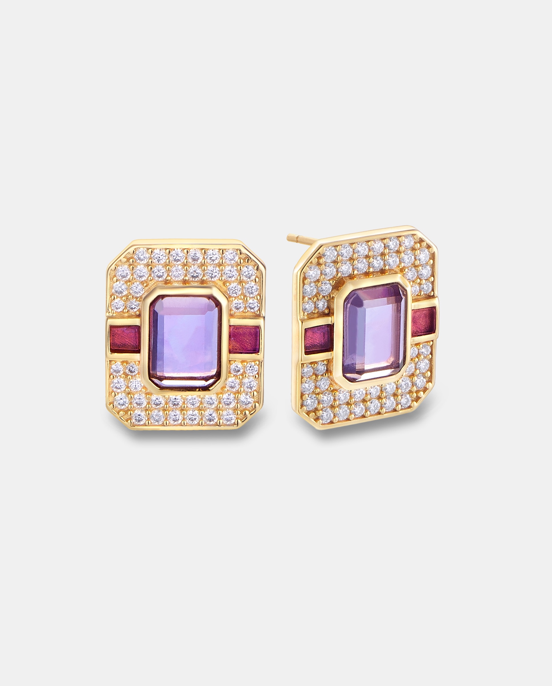 Imagen 0 de Pendientes edición limitada de plata con acabado de oro amarillo 18k con amatista centra y pavé Morado