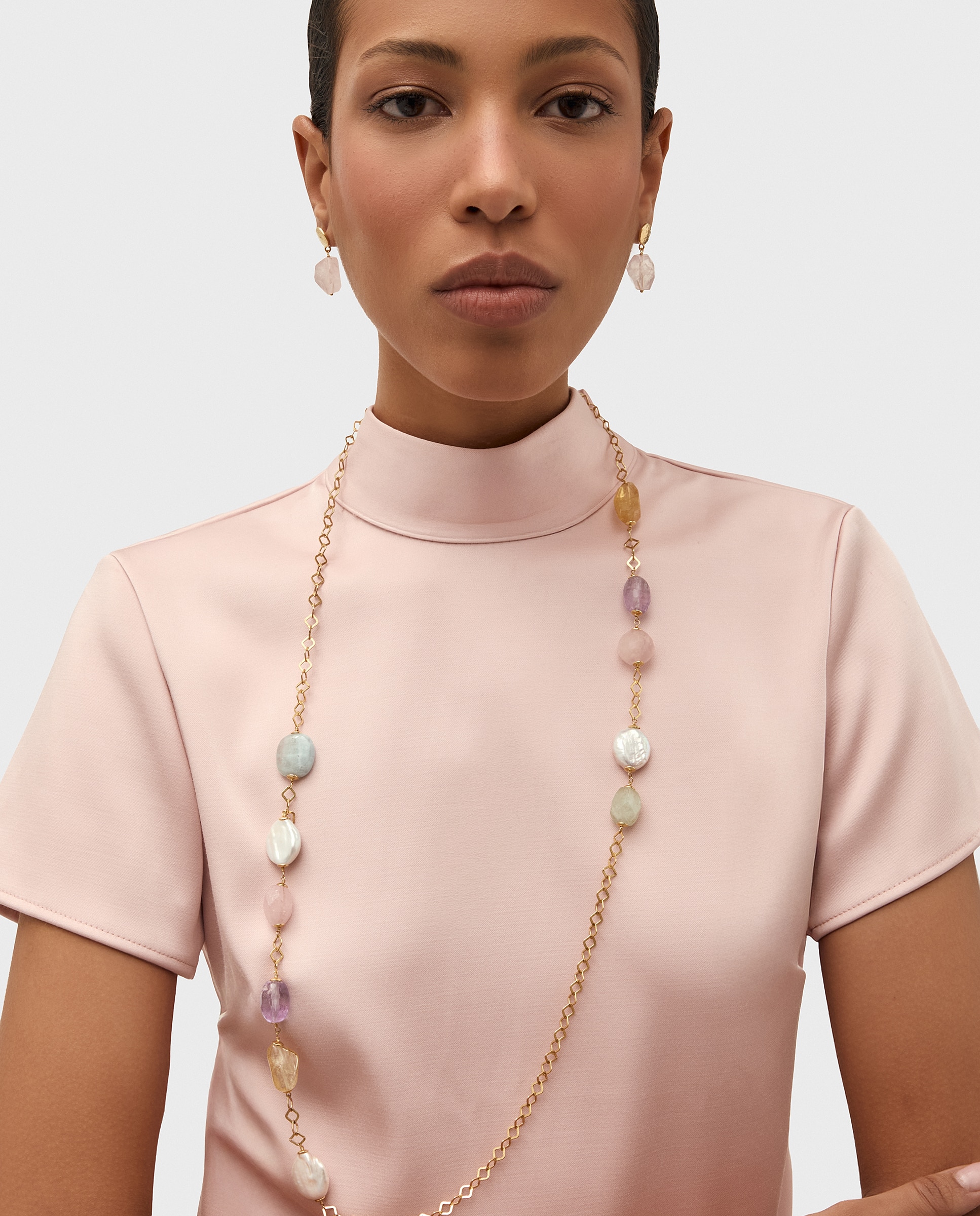 Collar edición limitada, perla barroca, citrino, amatista, aguamarina y cuarzo rosa, dorado, 90 cm - Duran Exquse - Rubí Rubí-2