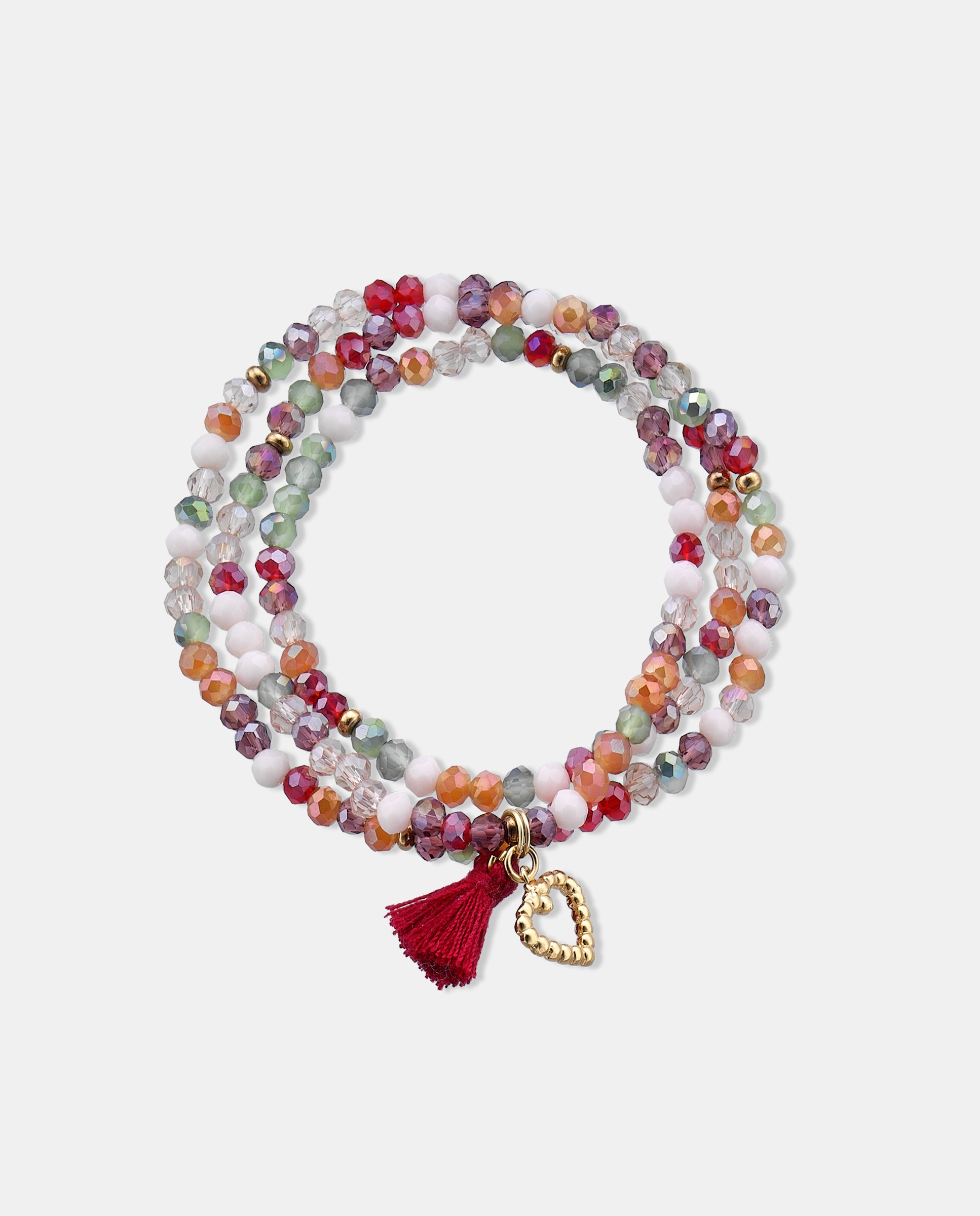 Imagen 0 de Pulsera elástica jolie piedras multicolor, corazón de plata con acabado de oro amarillo 18k y pompón Dorado