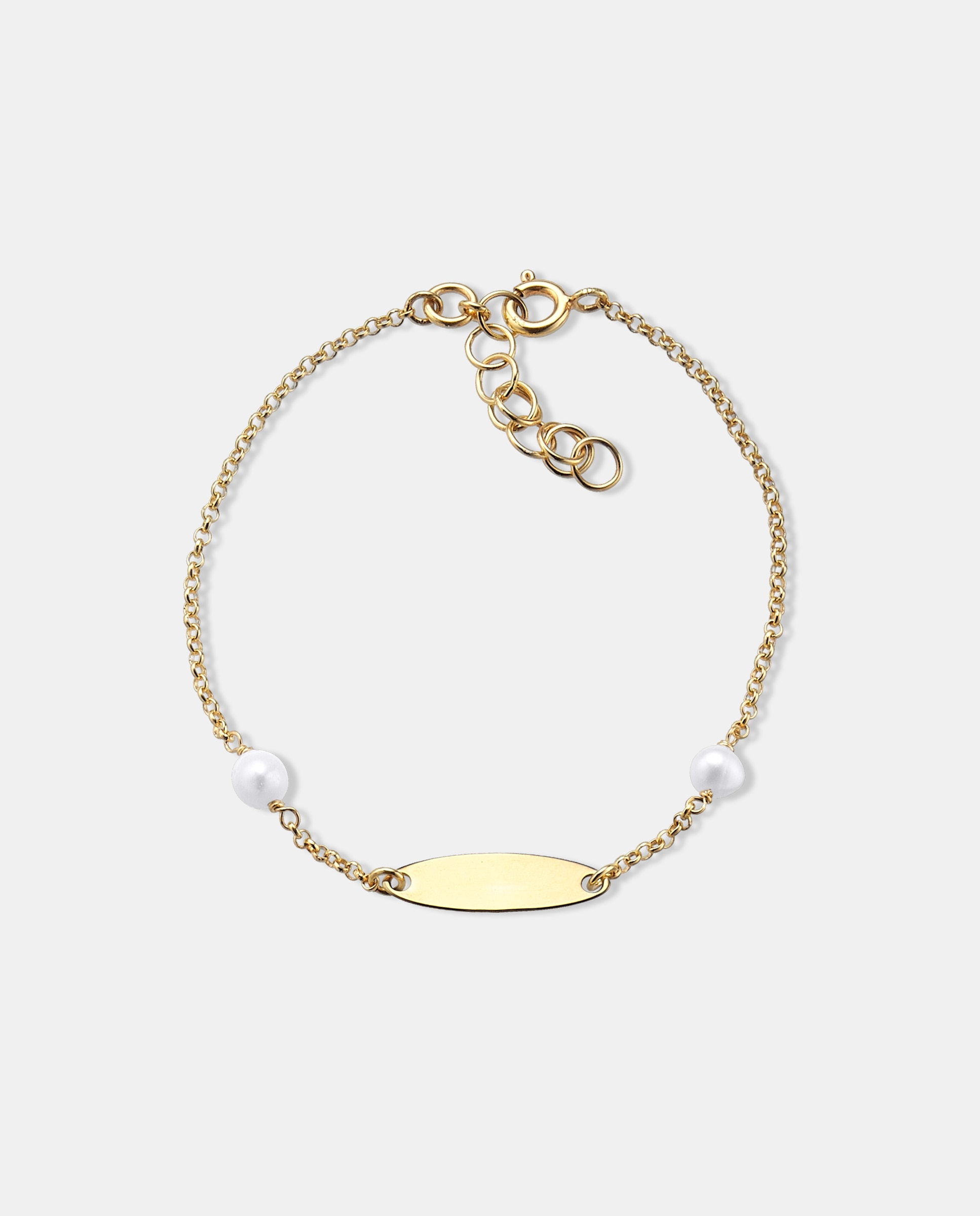 Imagen 0 de Pulsera infantil mi primera joya de plata con acabado de oro amarillo 18k con chapita oval y perlas Plateado