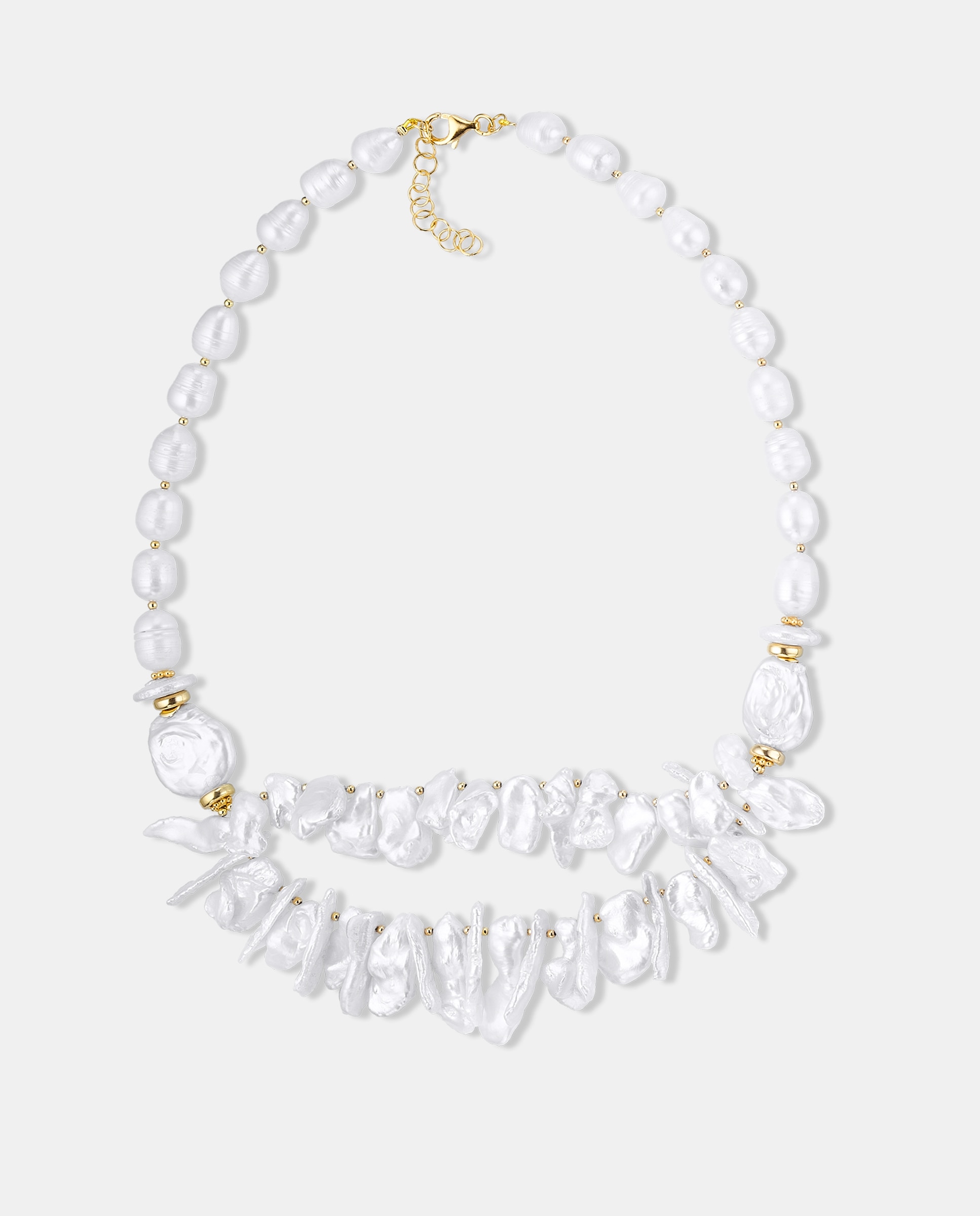 Collar corto edición limitada, doble parte de perlas barrocas, dorado, 49 +5 cm - Duran Exquse - Perla Perla-1