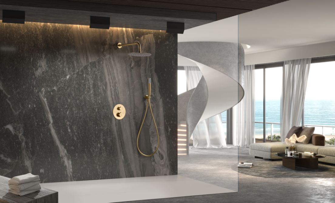 Imagen 2 de Conjunto ducha termostático empotrado Génova Imex - Oro Oro