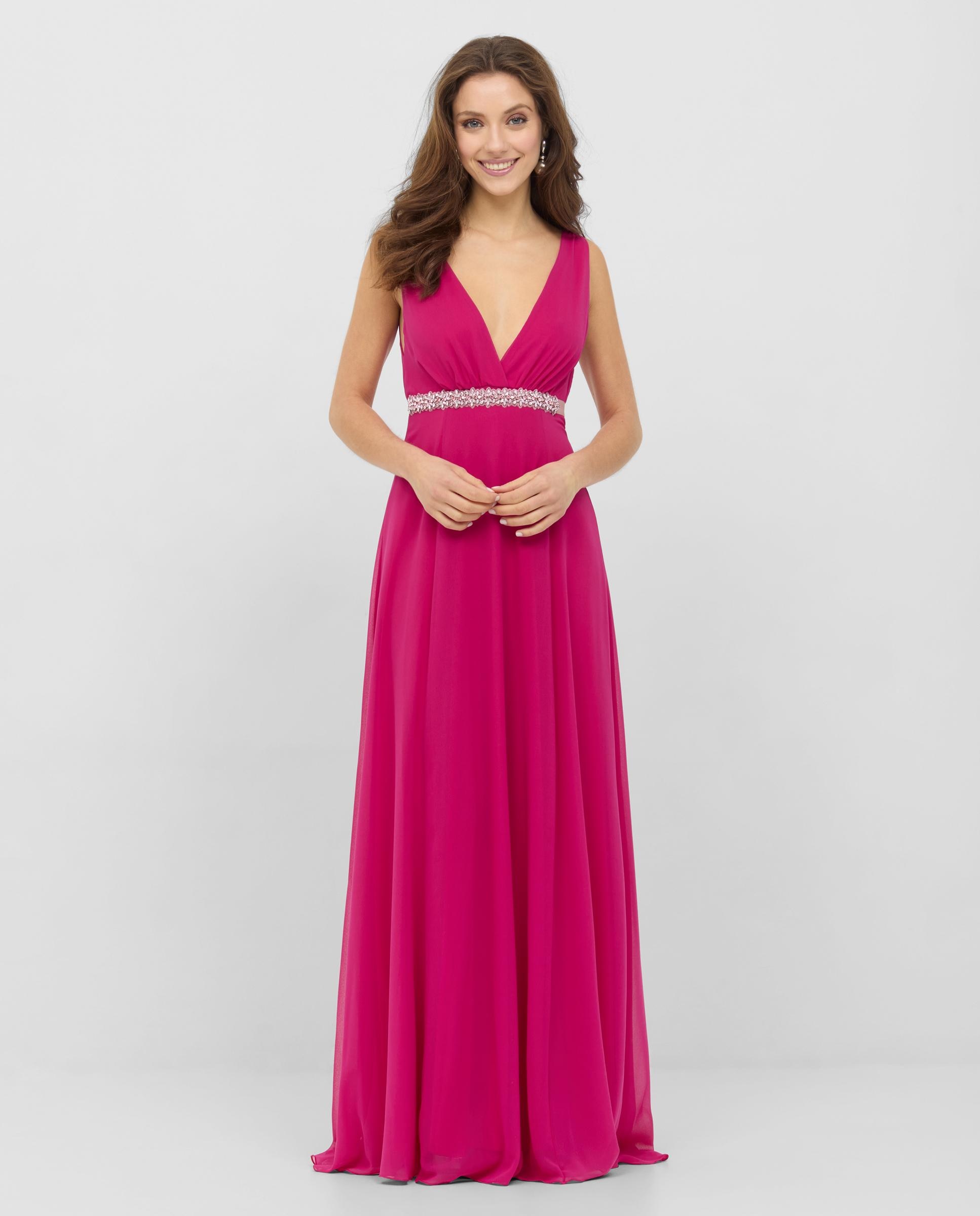 Vestido largo de gasa con escote en pico - Veneno en la piel - Fucsia Fucsia-1