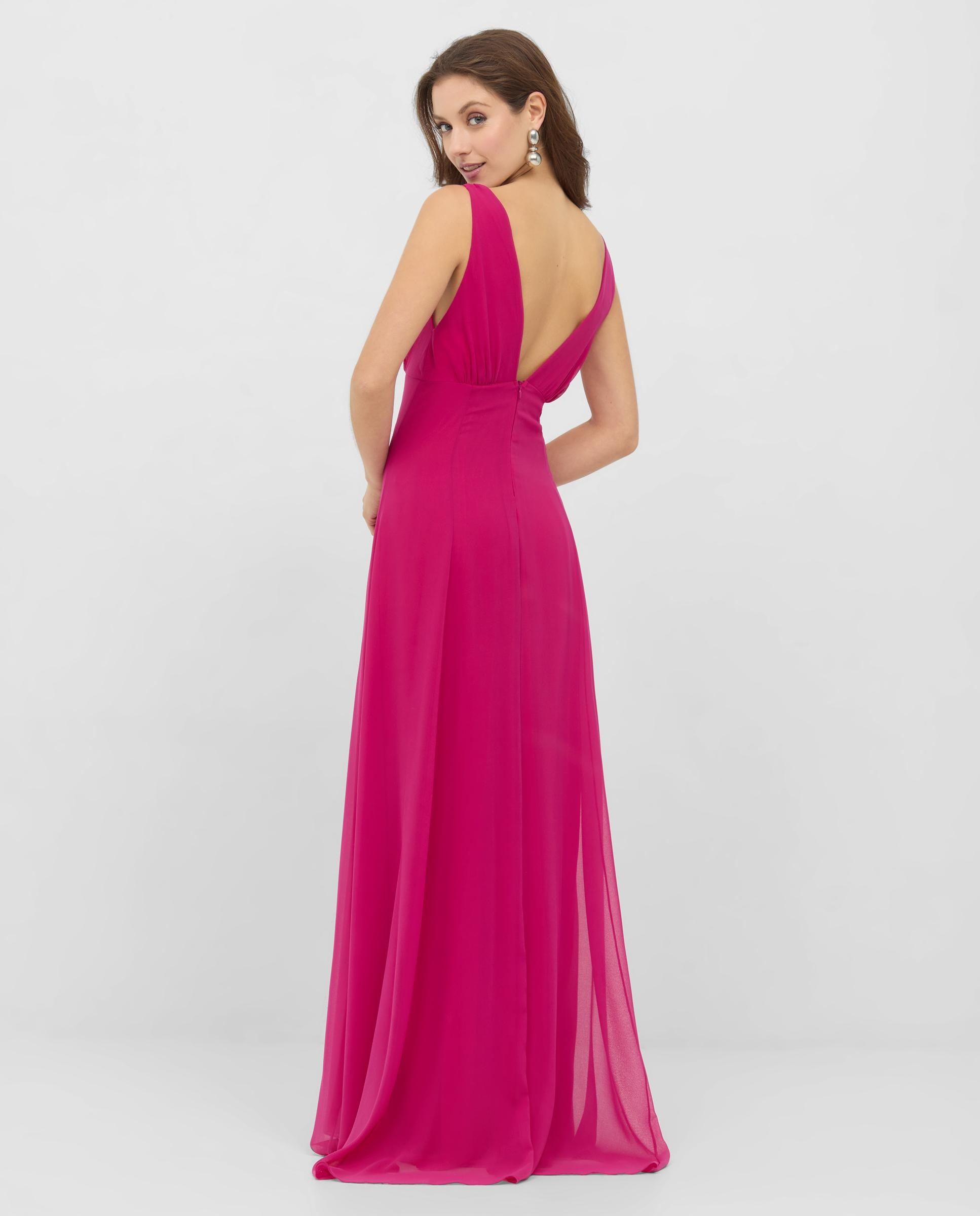 Vestido largo de gasa con escote en pico - Veneno en la piel - Fucsia Fucsia-2