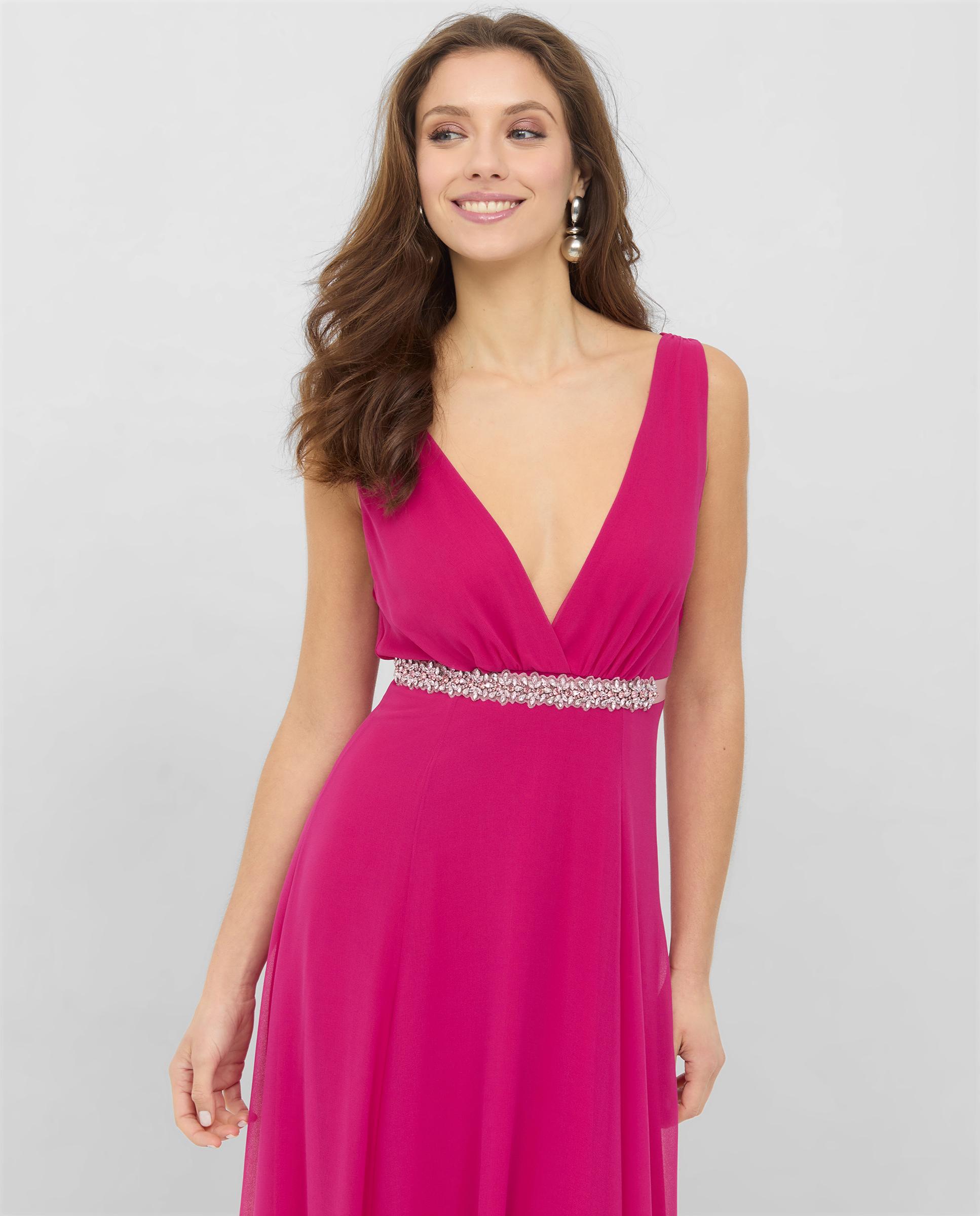 Vestido largo de gasa con escote en pico - Veneno en la piel - Fucsia Fucsia-3