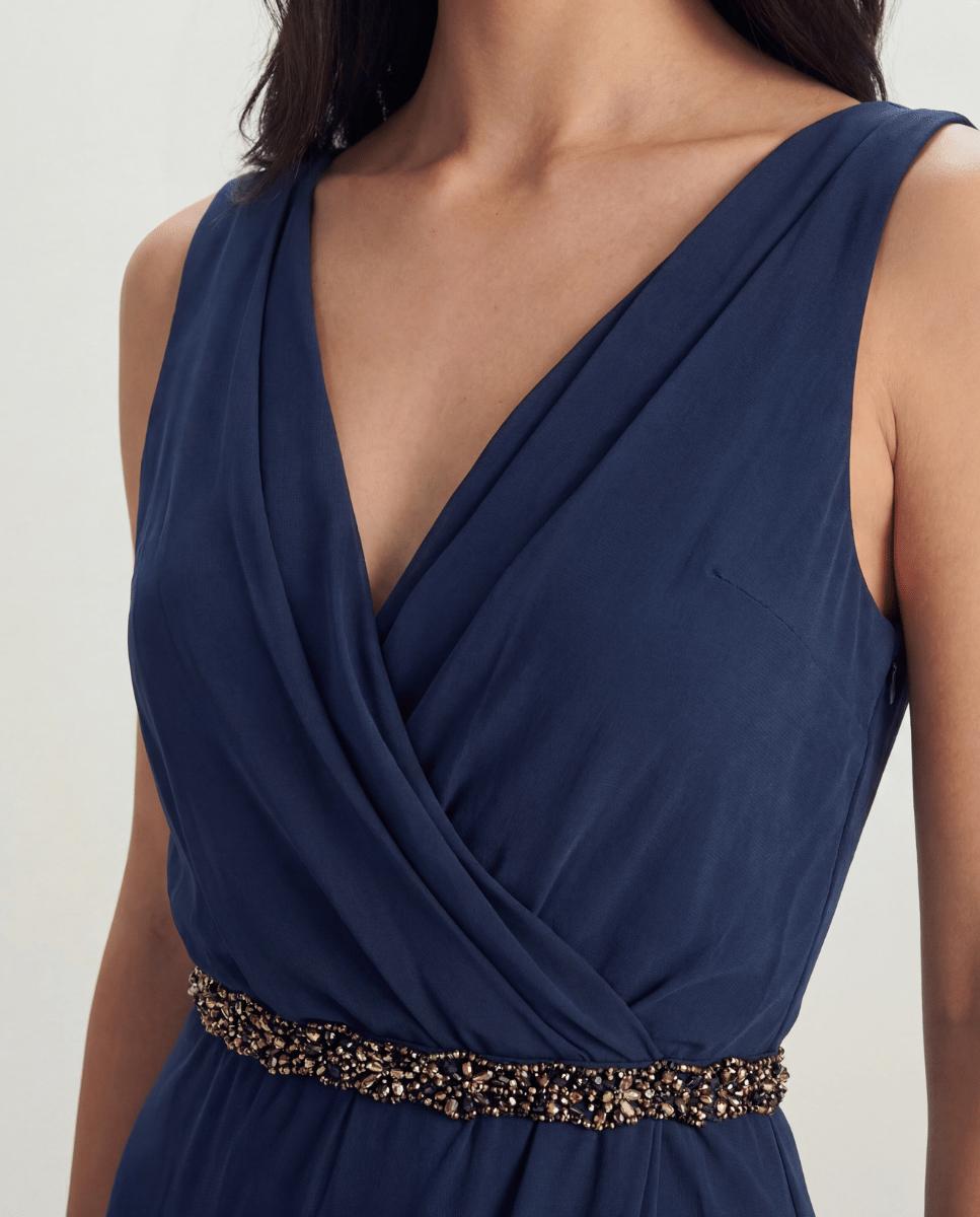 Vestido largo de gasa con escote pico - Veneno en la piel - Azul Azul-2