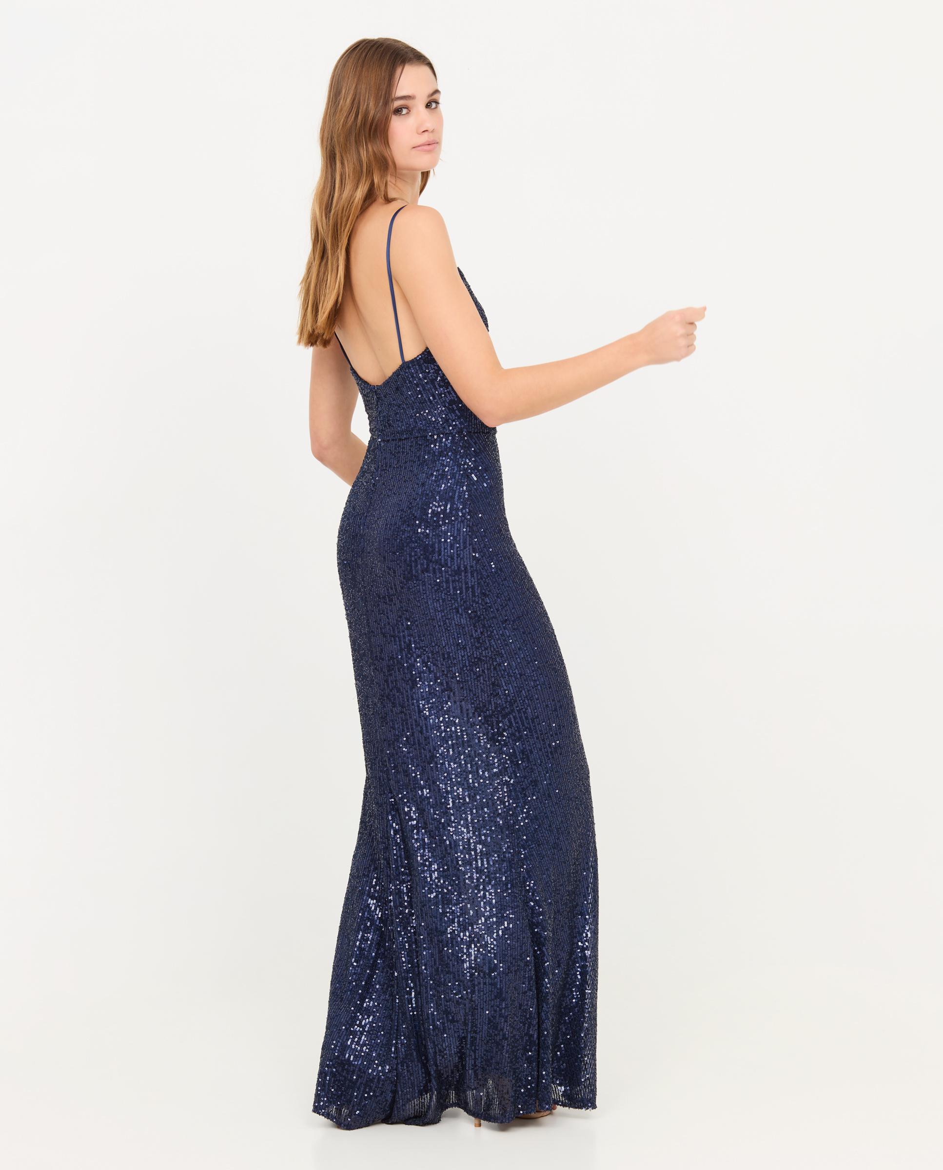 Vestido largo de lentejuelas con tirantes - Veneno en la piel - Azul Azul-4