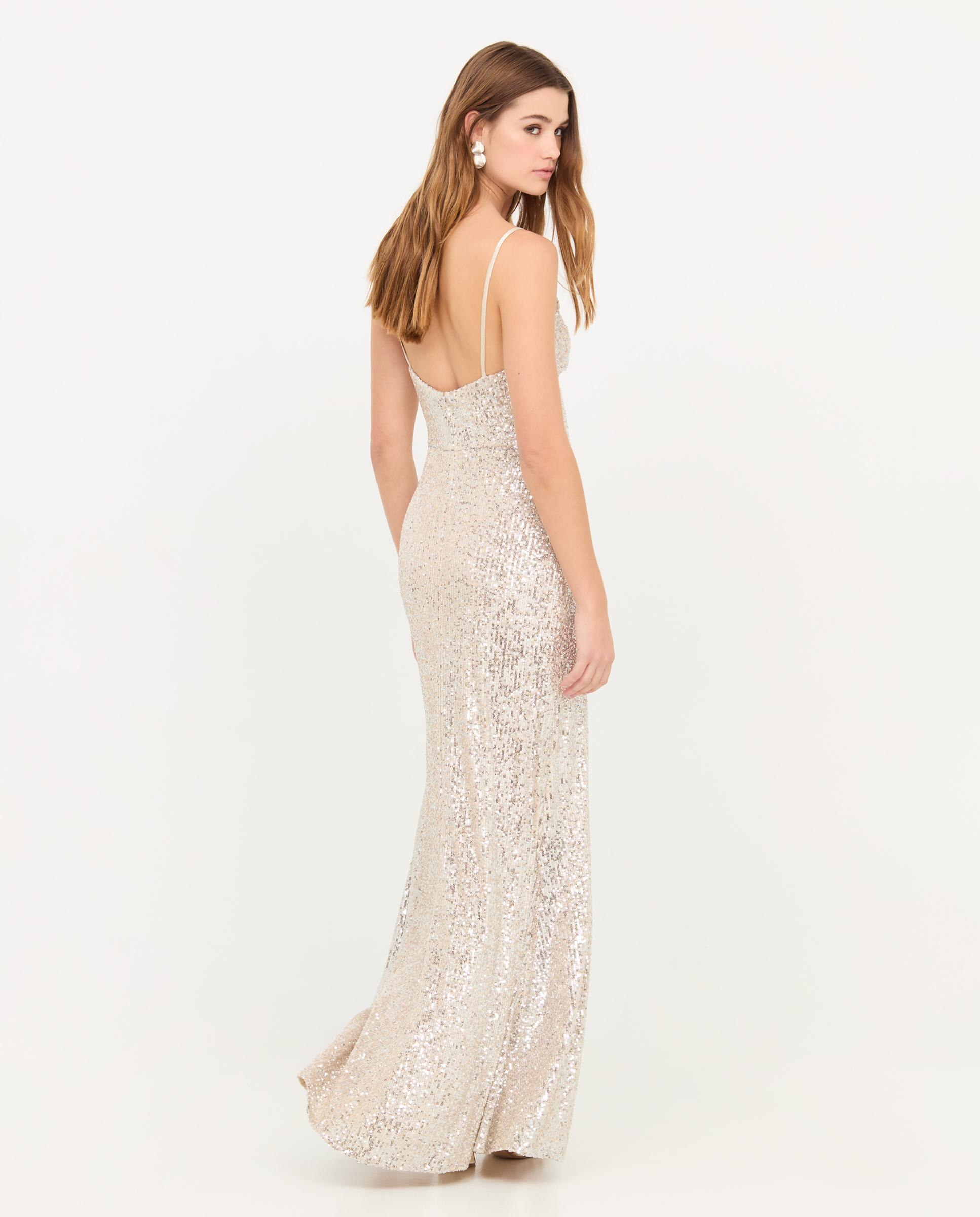 Vestido largo de lentejuelas con tirantes - Veneno en la piel - Plata Plata-4
