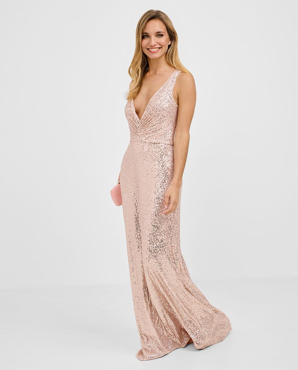 Vestido largo de lentejuelas y escote en v - Veneno en la piel - Rosa Rosa-1
