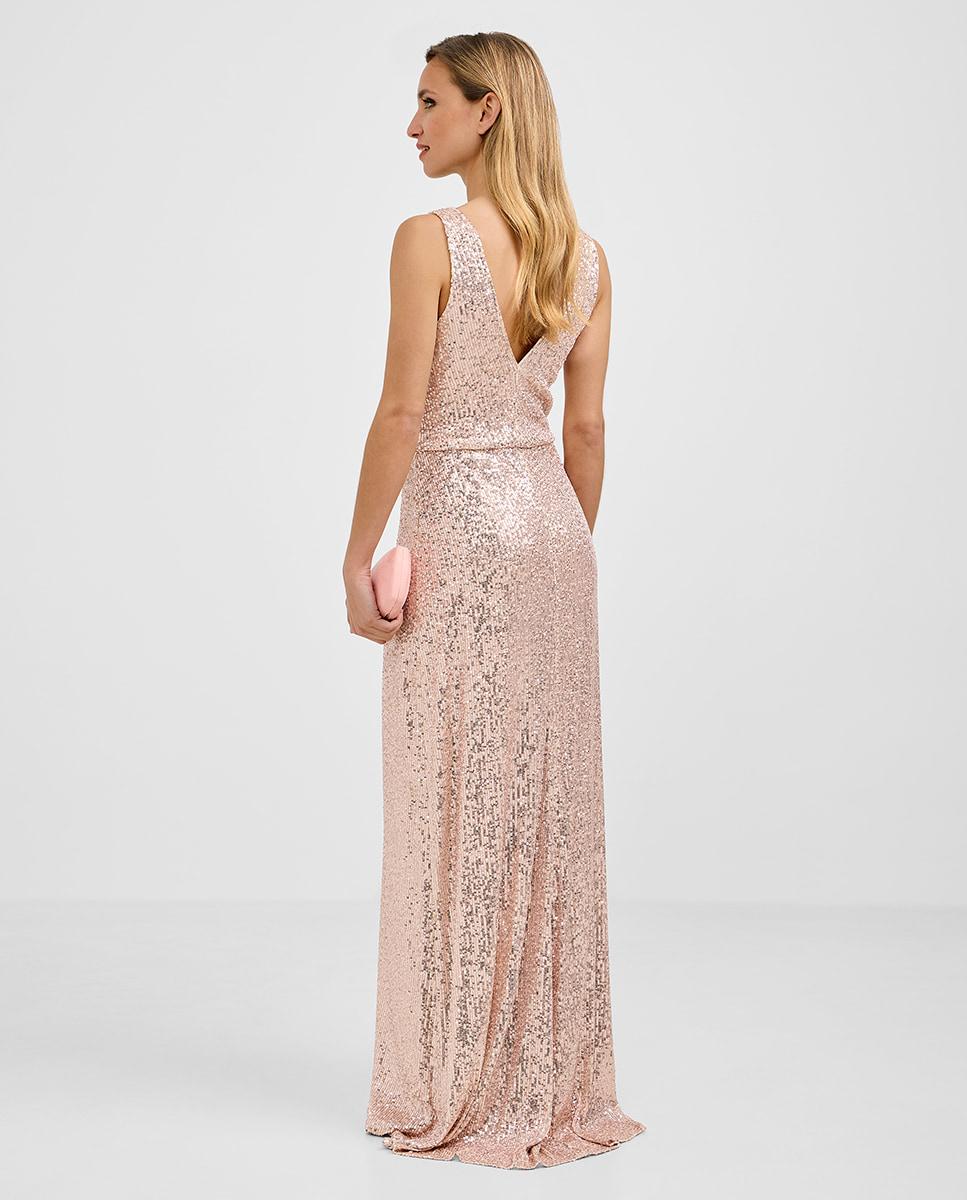 Vestido largo de lentejuelas y escote en v - Veneno en la piel - Rosa Rosa-2