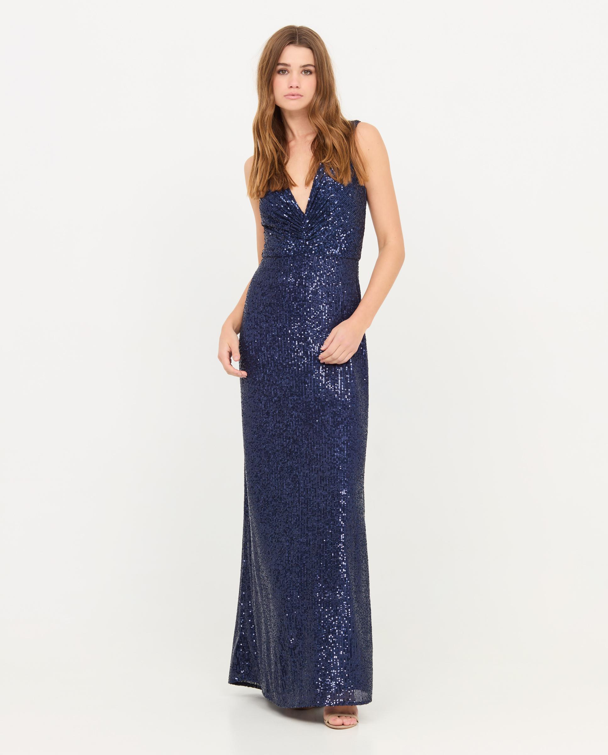 Vestido largo de lentejuelas y escote en v - Veneno en la piel - Azul Azul-1