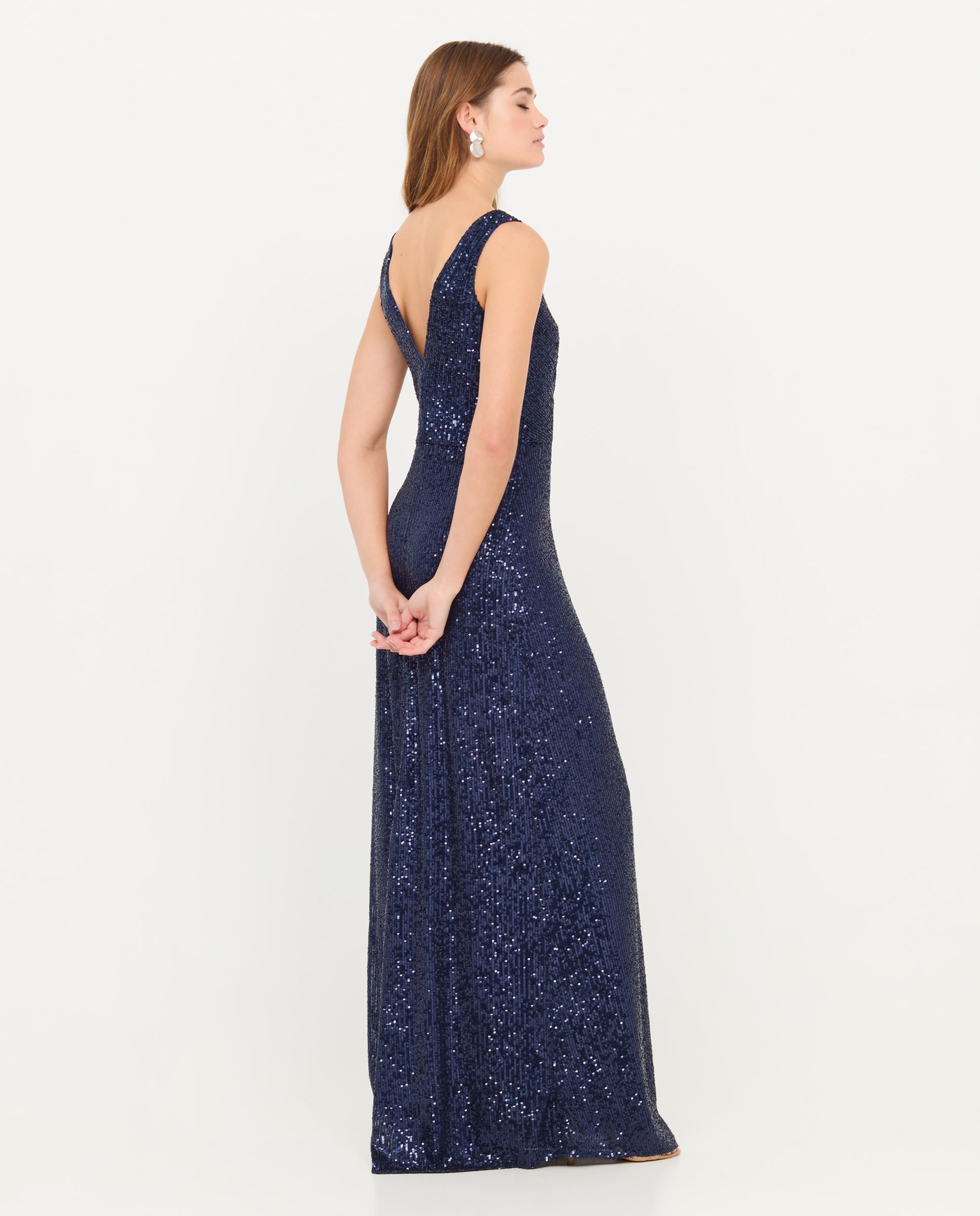 Vestido largo de lentejuelas y escote en v - Veneno en la piel - Azul Azul-2
