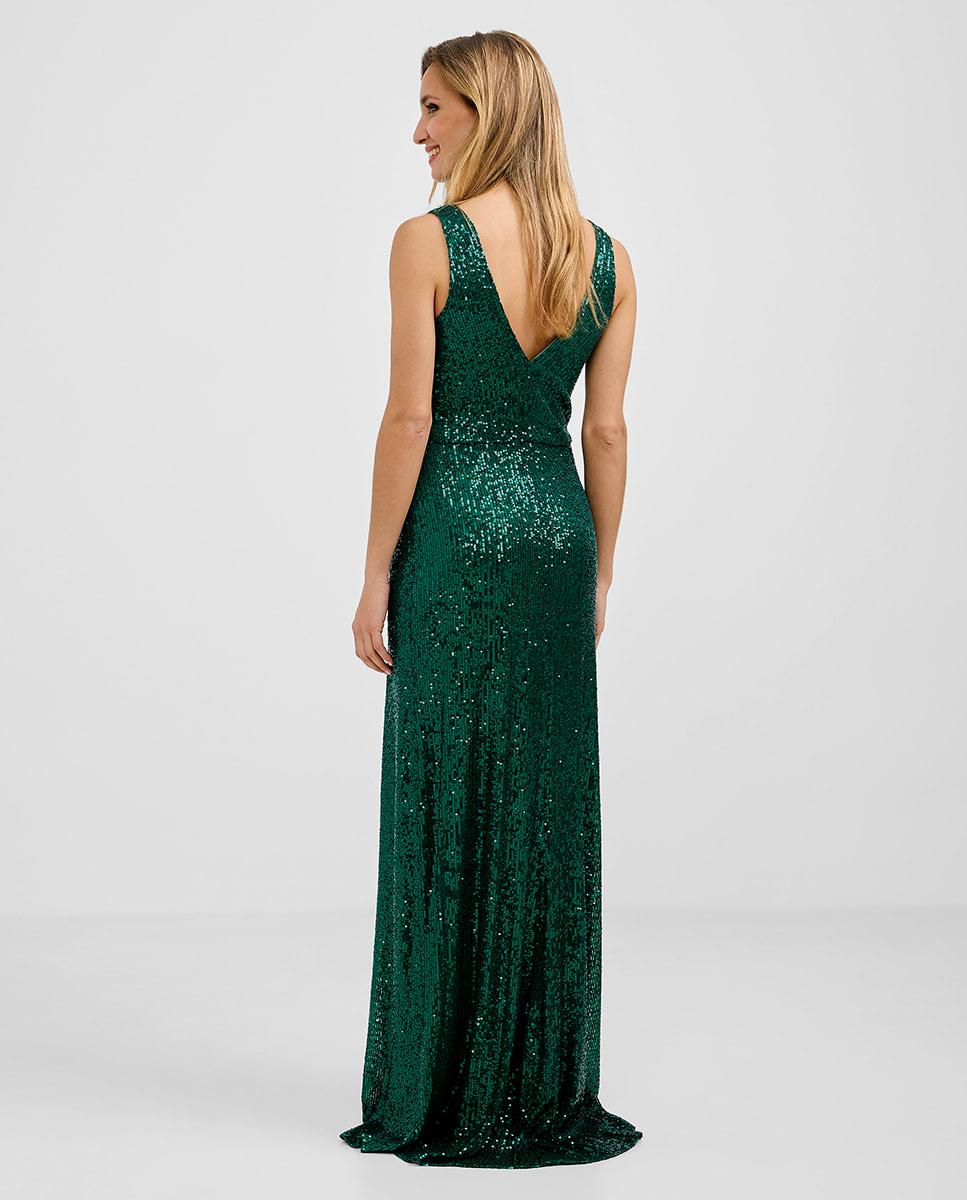 Vestido largo de lentejuelas y escote en v - Veneno en la piel - Verde Verde-2
