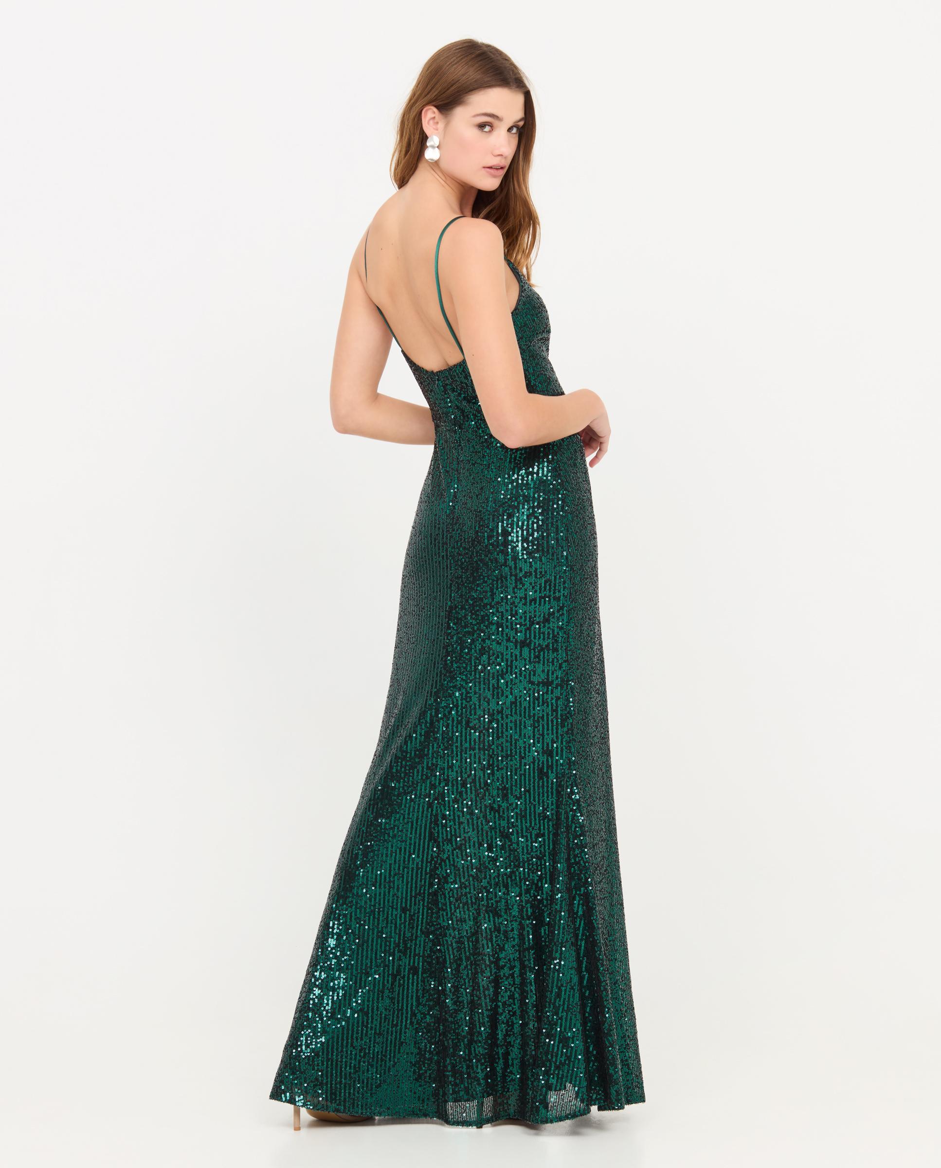 Vestido largo de lentejuelas con tirantes - Veneno en la piel - Verde Verde-4