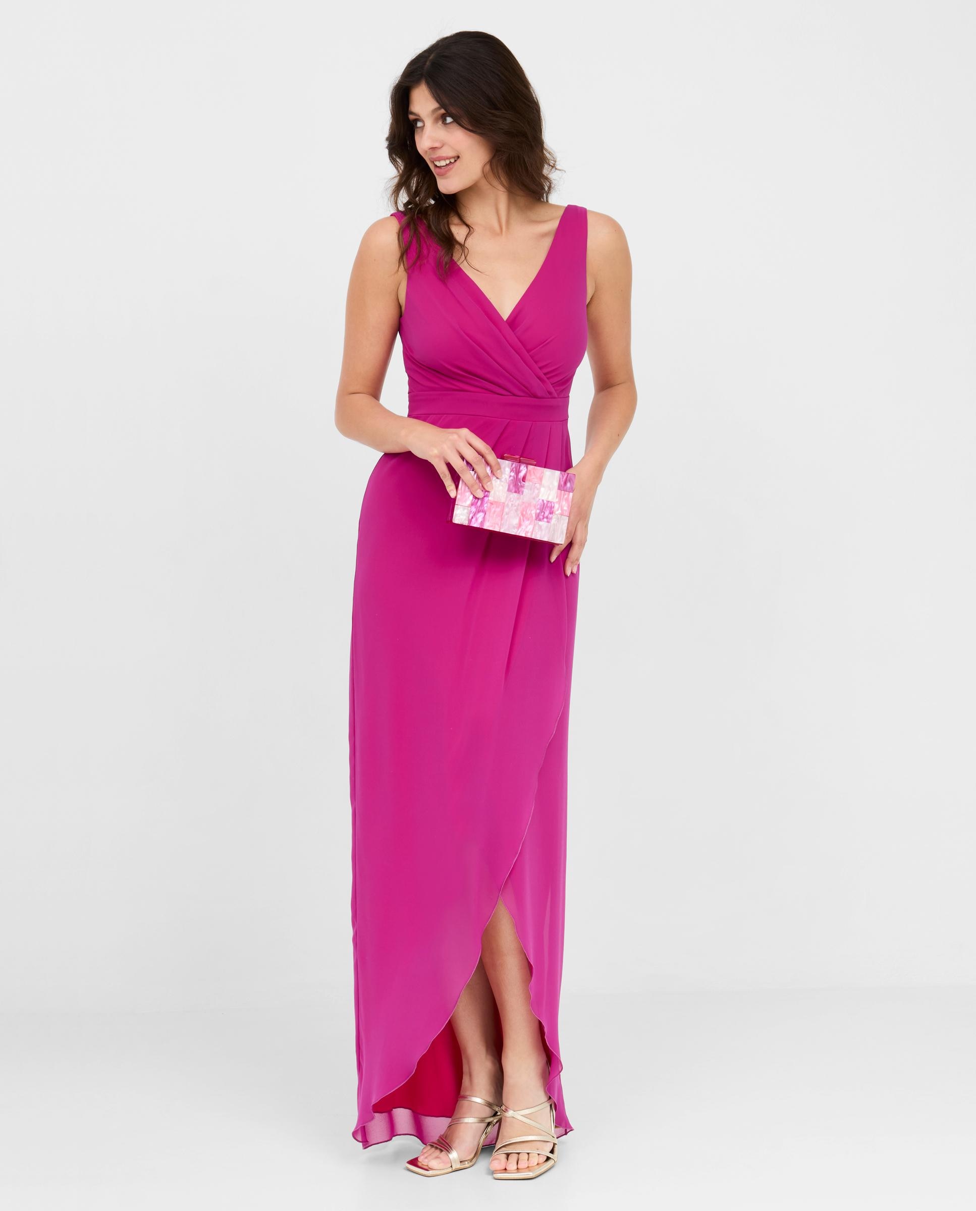 Vestido largo con escote cruzado y abertura frontal - Veneno en la piel - Fucsia Fucsia-1