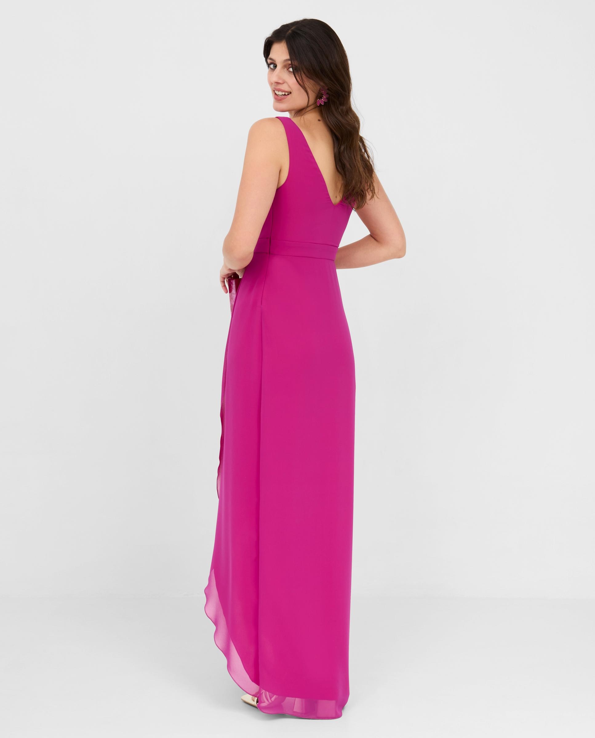 Vestido largo con escote cruzado y abertura frontal - Veneno en la piel - Fucsia Fucsia-4