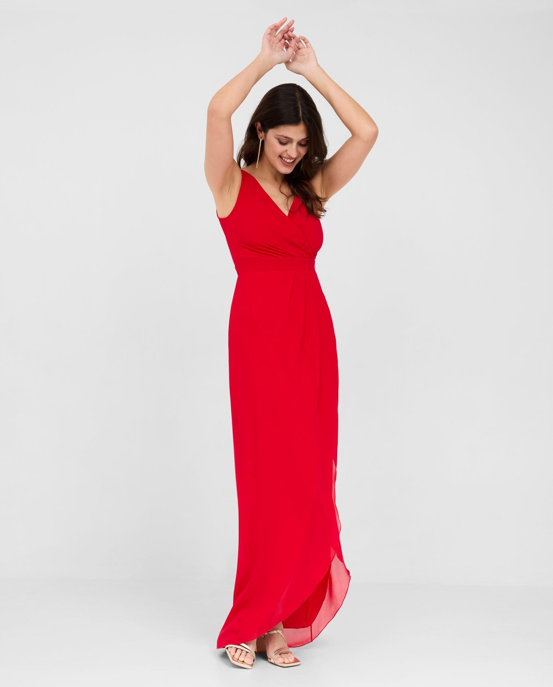 Vestido largo con escote cruzado y abertura frontal - Veneno en la piel - Rojo Rojo-1