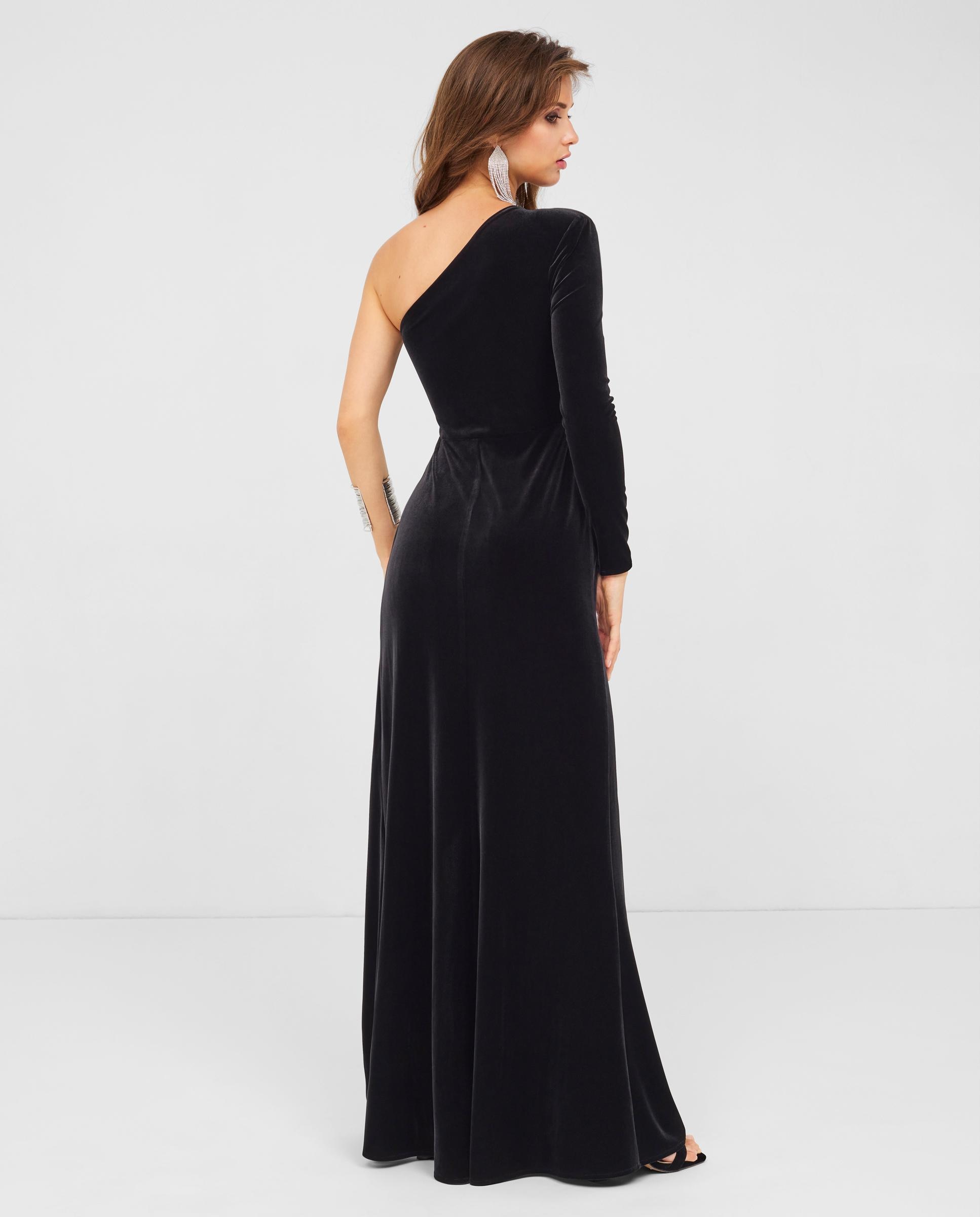 Vestido largo con escote asimétrico confeccionado en terciopelo - Veneno en la piel - Negro Negro-3
