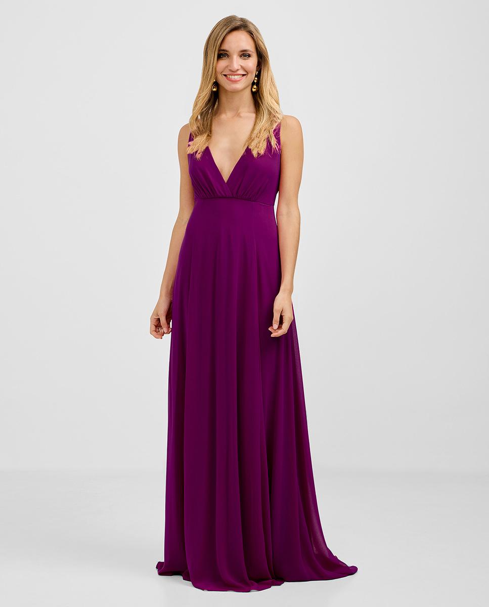 Vestido largo de gasa con escote en v - Veneno en la piel - Rosa Rosa-1