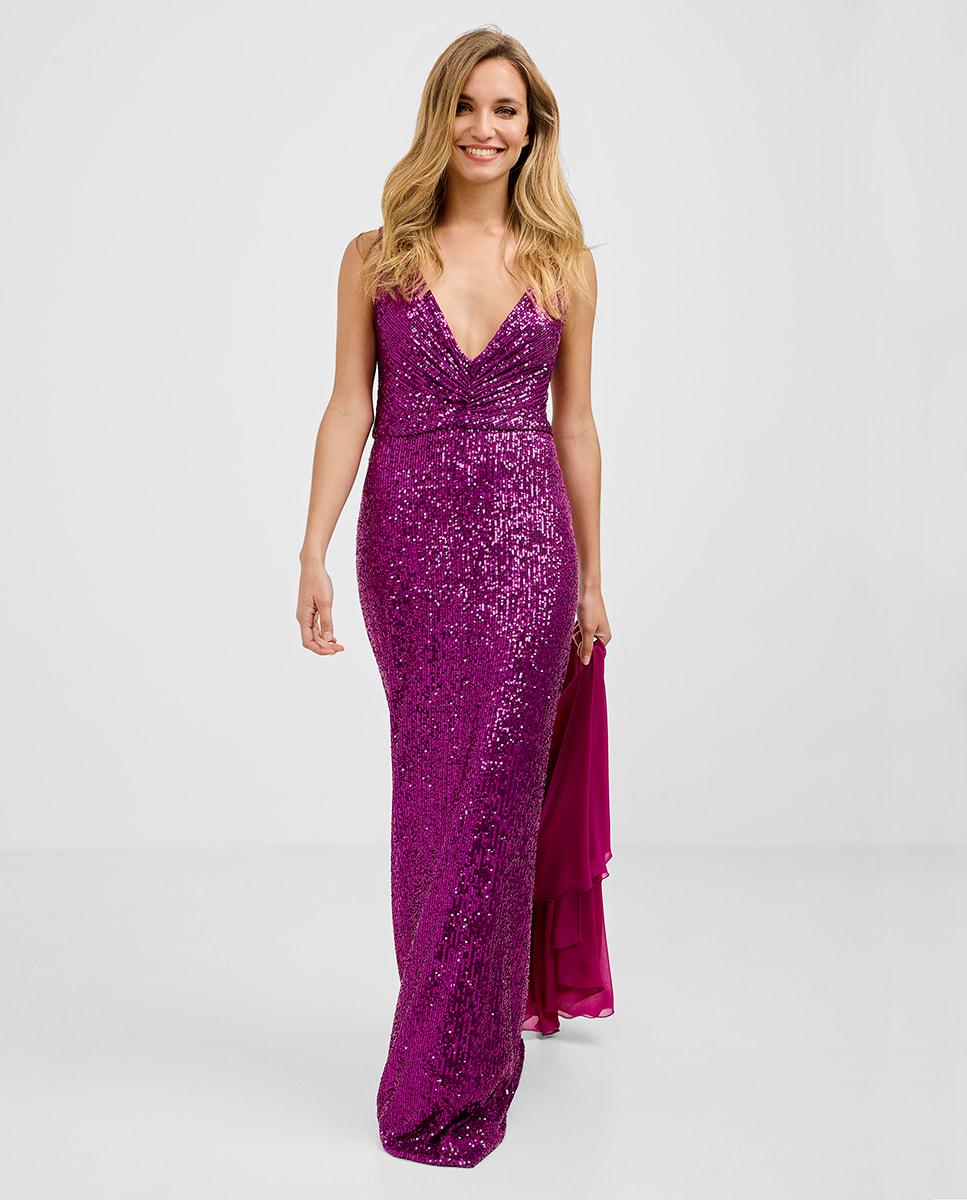 Vestido largo de lentejuelas y escote en v - Veneno en la piel - Granate Fucsia-1