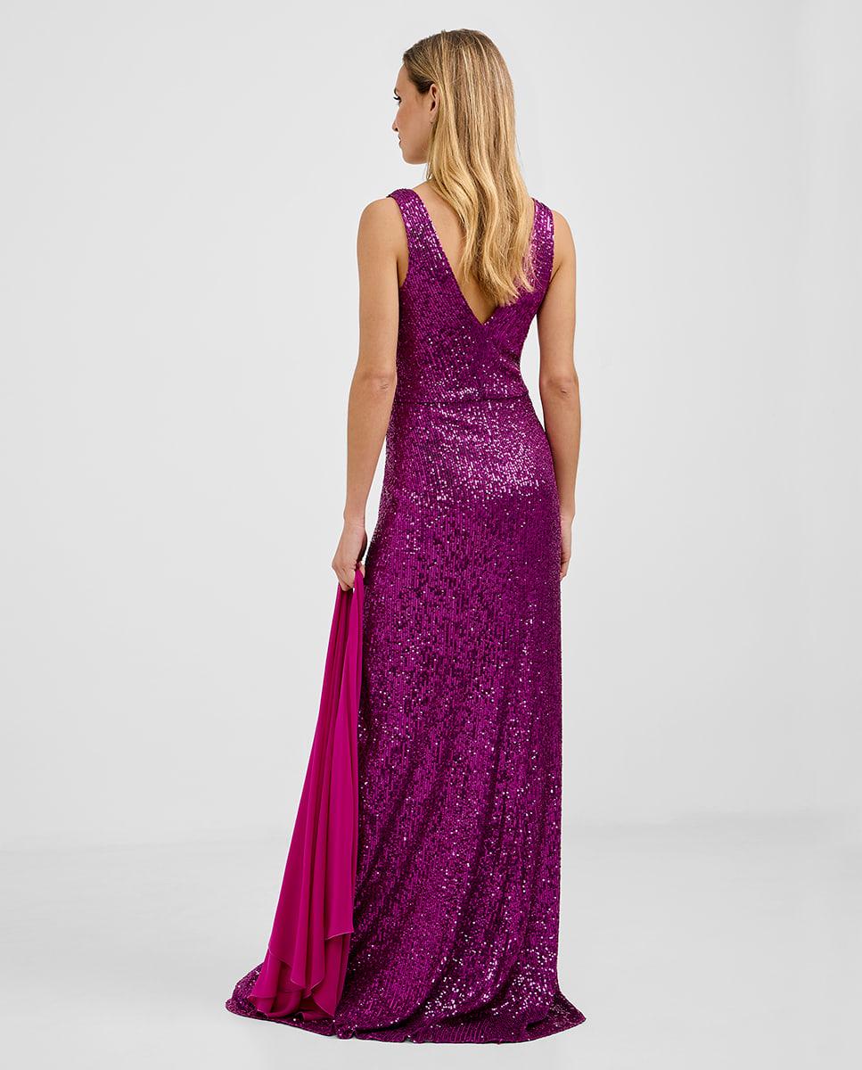 Vestido largo de lentejuelas y escote en v - Veneno en la piel - Granate Fucsia-4