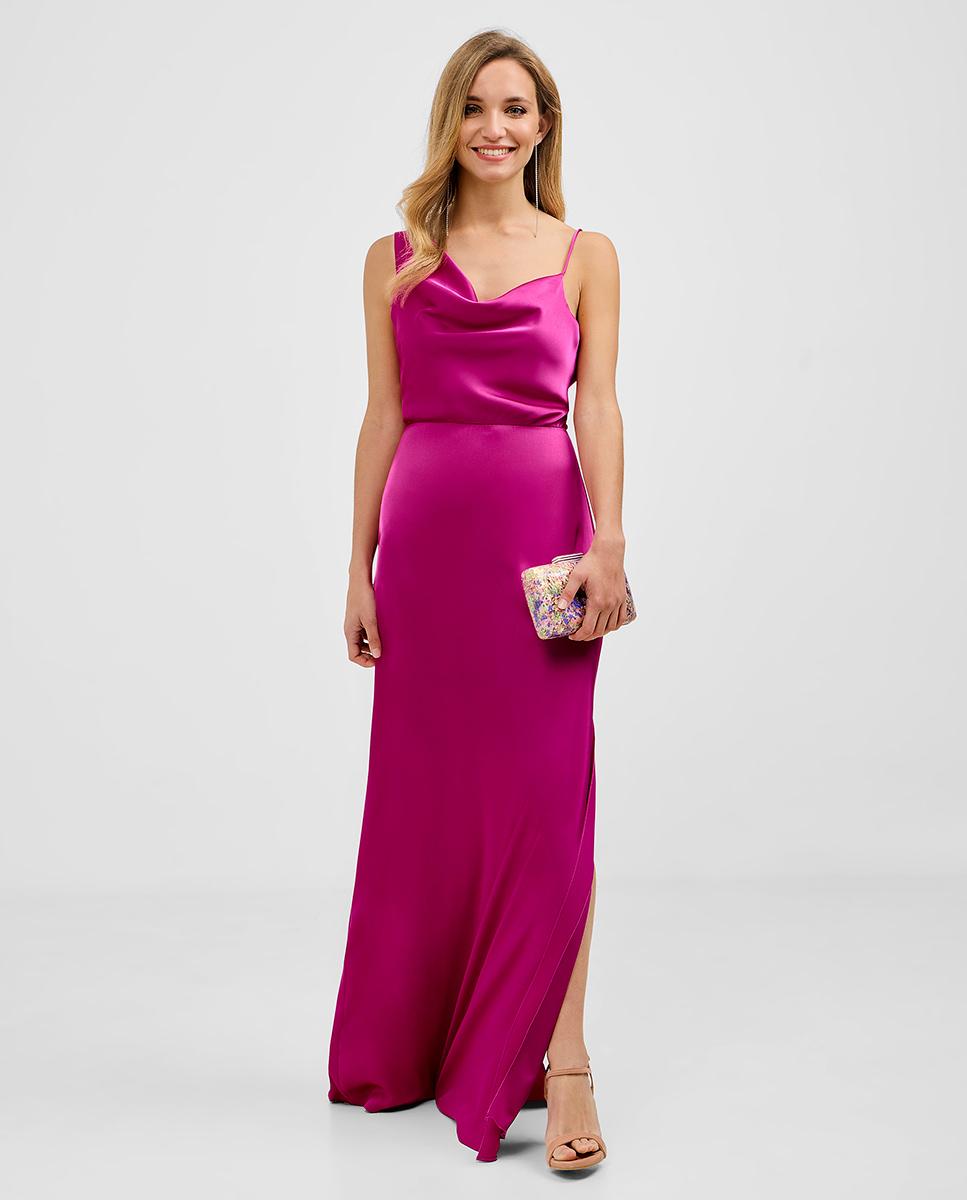 Vestido largo con escote drapeado - Veneno en la piel - Fucsia Fucsia-2
