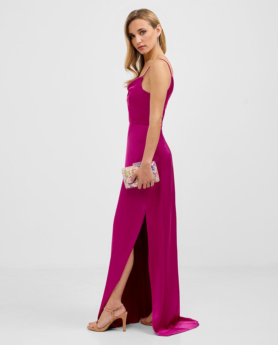 Vestido largo con escote drapeado - Veneno en la piel - Fucsia Fucsia-4