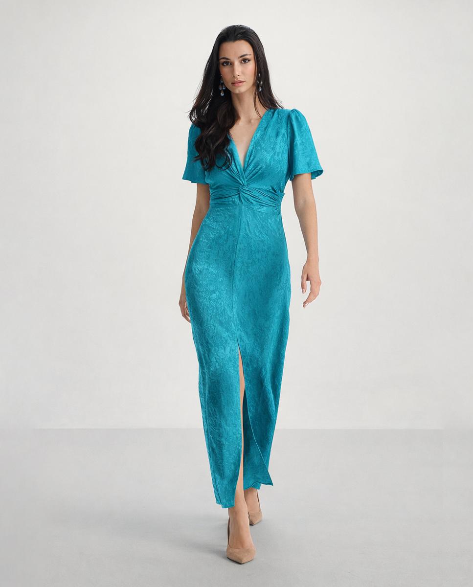 Vestido midi de manga corta y abertura central - Veneno en la piel - Esmeralda Esmeralda-1