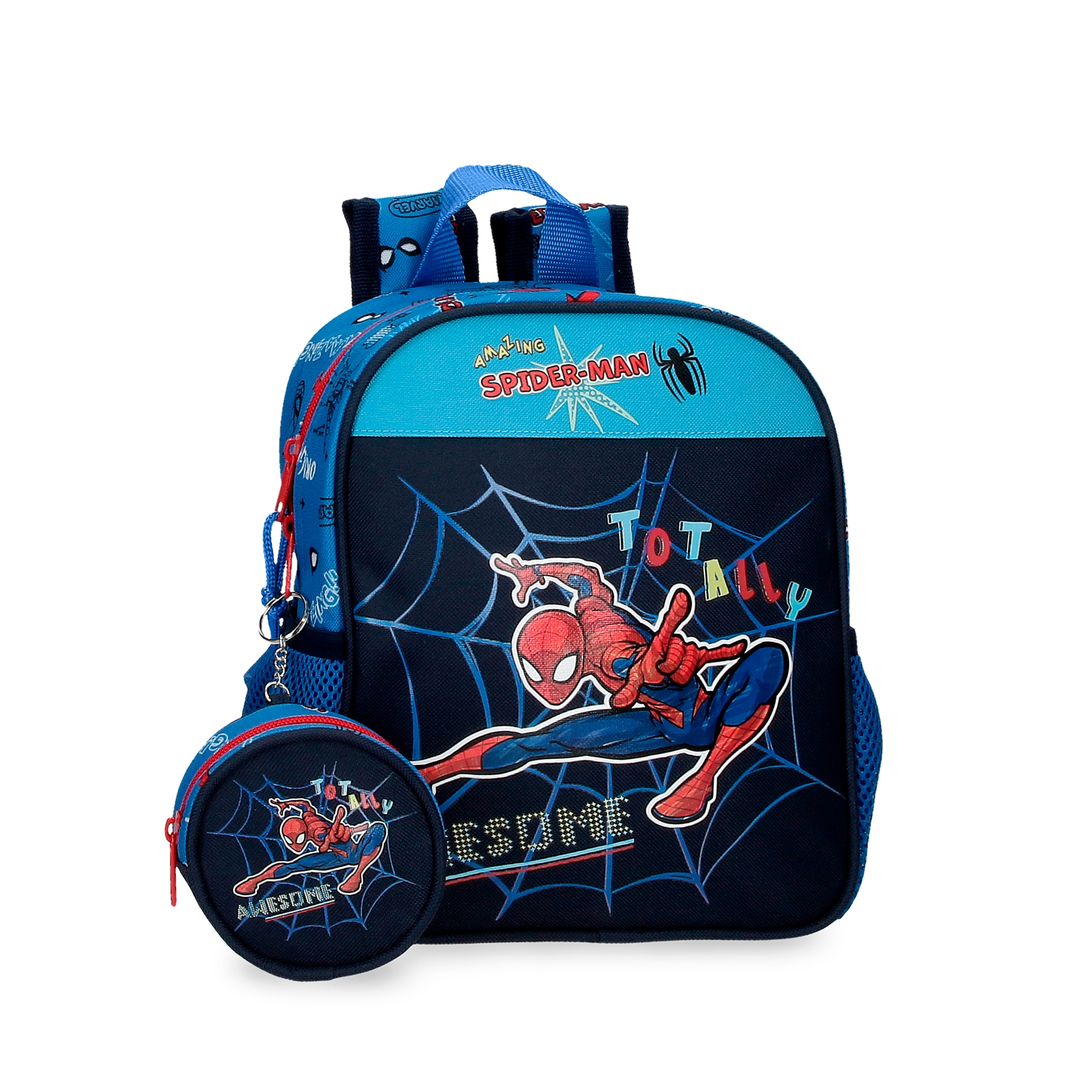 Mochila guardería Spiderman Totally awesome 25 cm adaptable a carro con porta chupete.