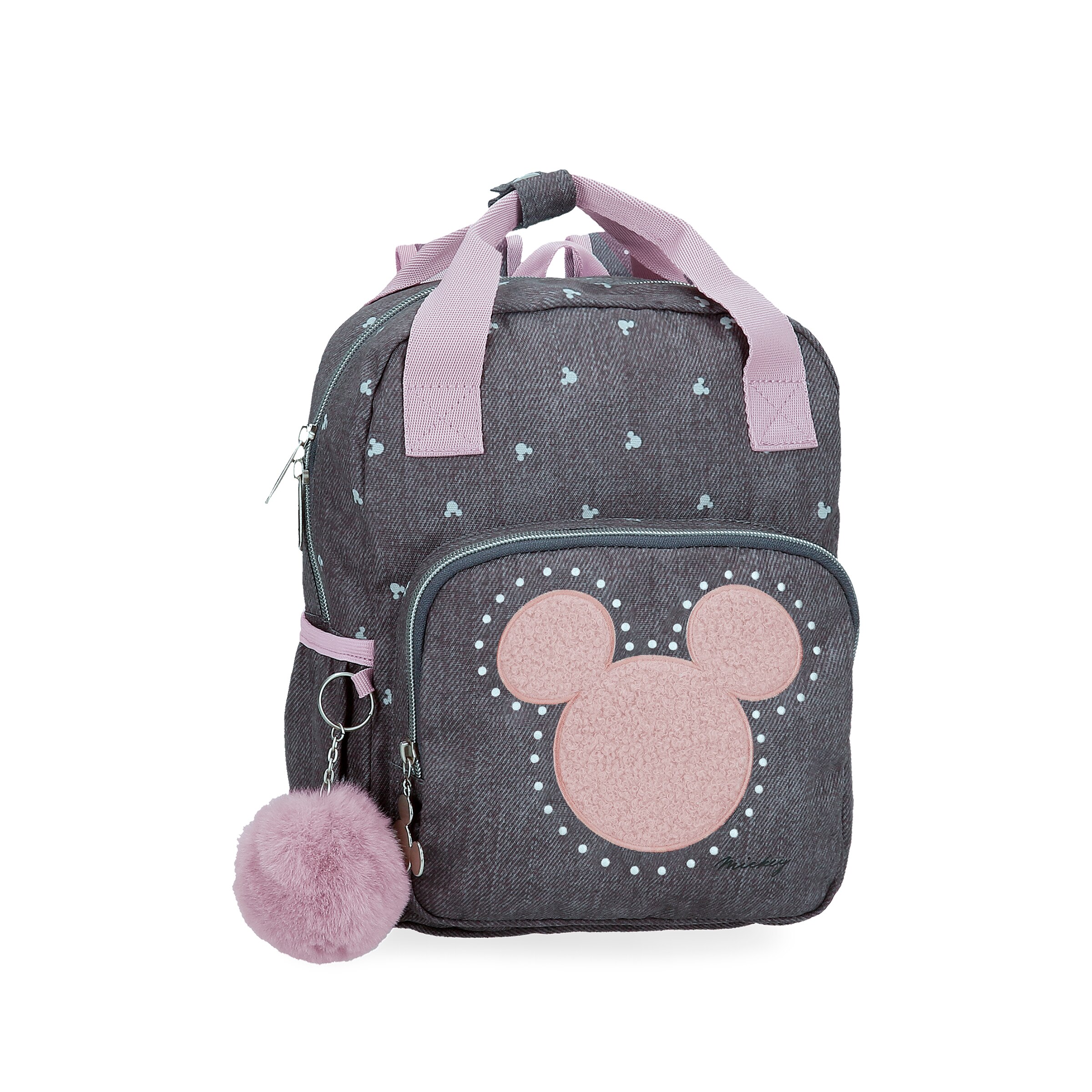 Mochila Mickey Studs 28 cm con pompón decorativo y bolsillo frontal.