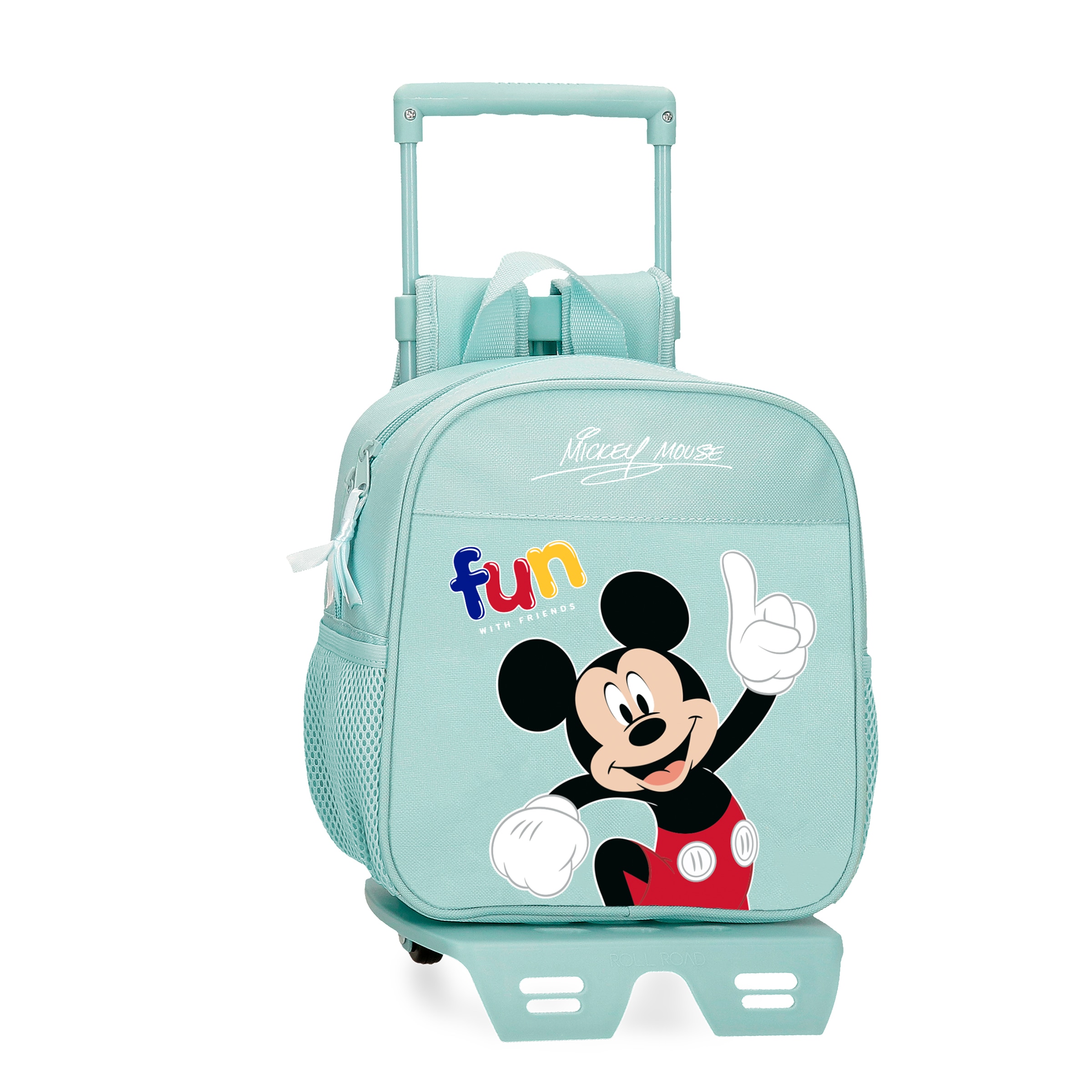 Mochila de guardería Mickey Fun with friends 25 cm con carro en azul claro.