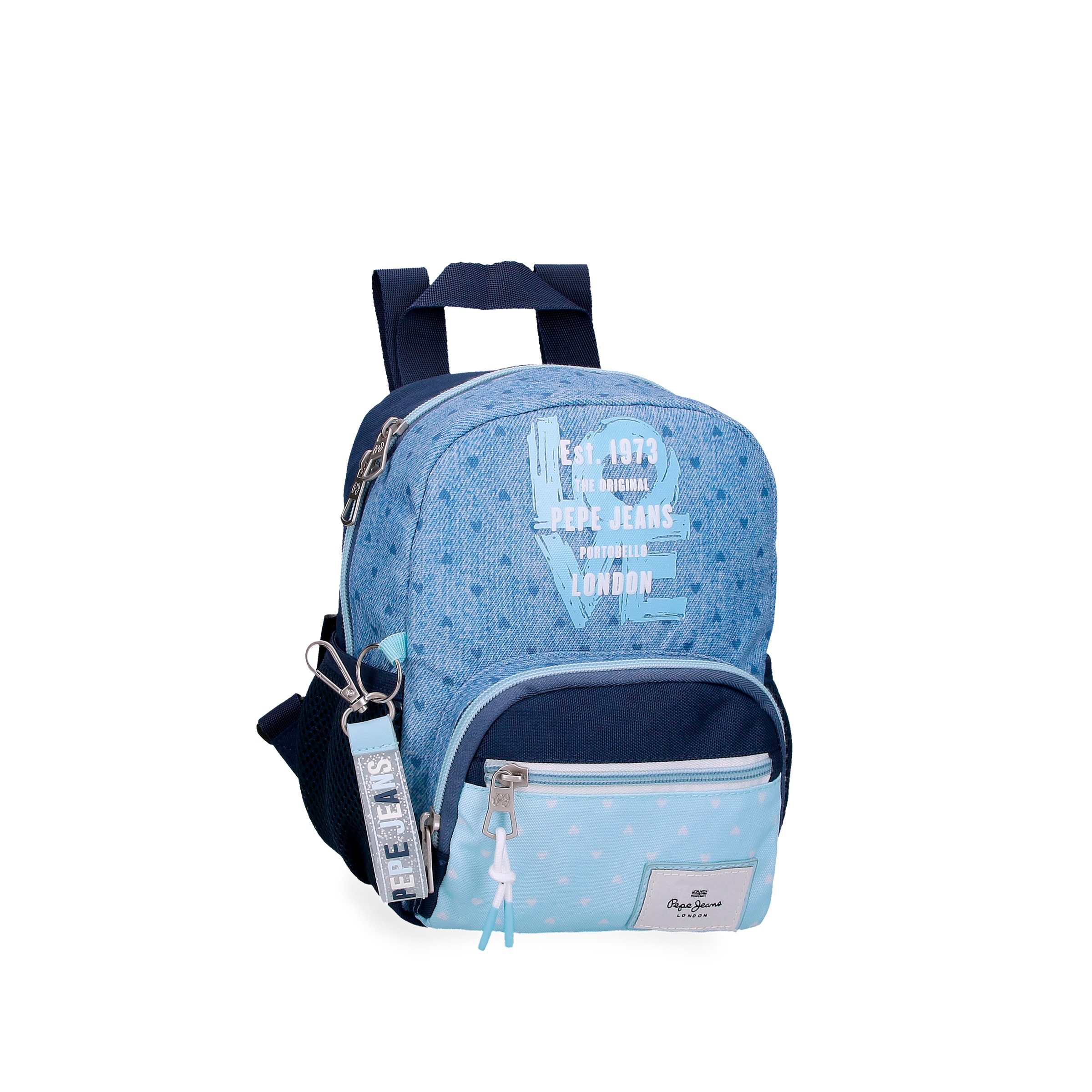 Mochila de paseo Pepe Jeans Noni denim con bolsillo frontal y llavero decorativo.