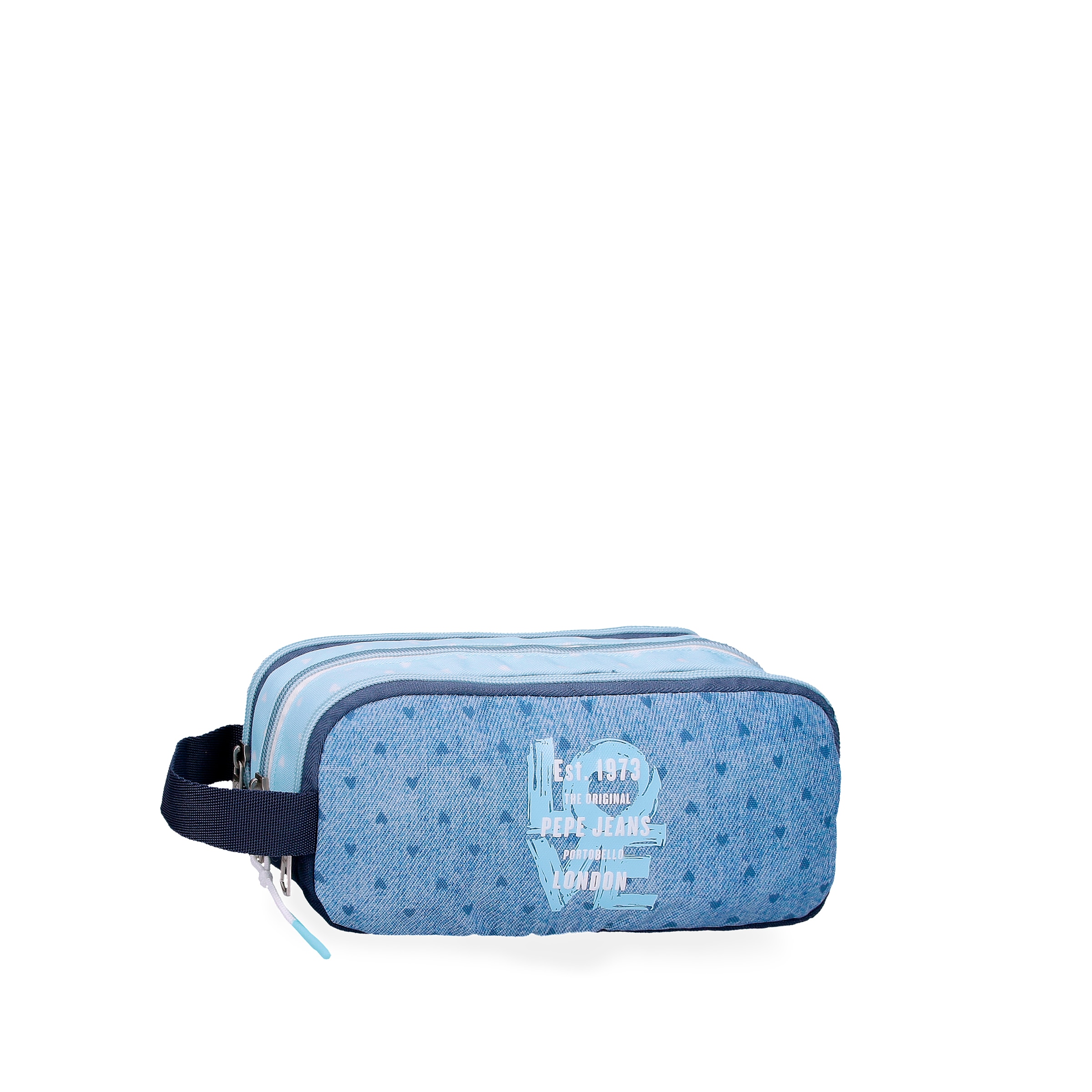 Estuche Pepe Jeans Noni denim triple compartimento con asa lateral.