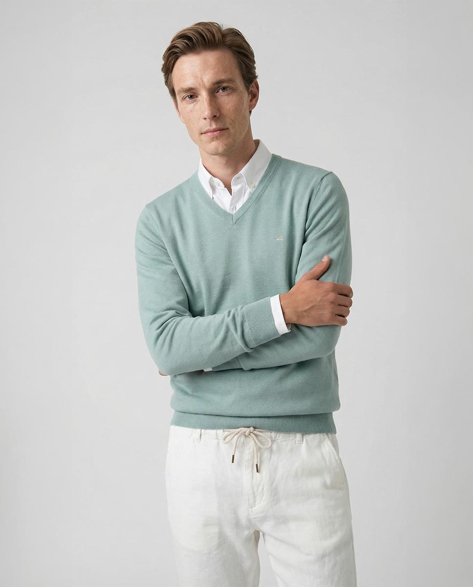 Imagen 0 de Jersey de hombre de algodón cuello pico Verde claro