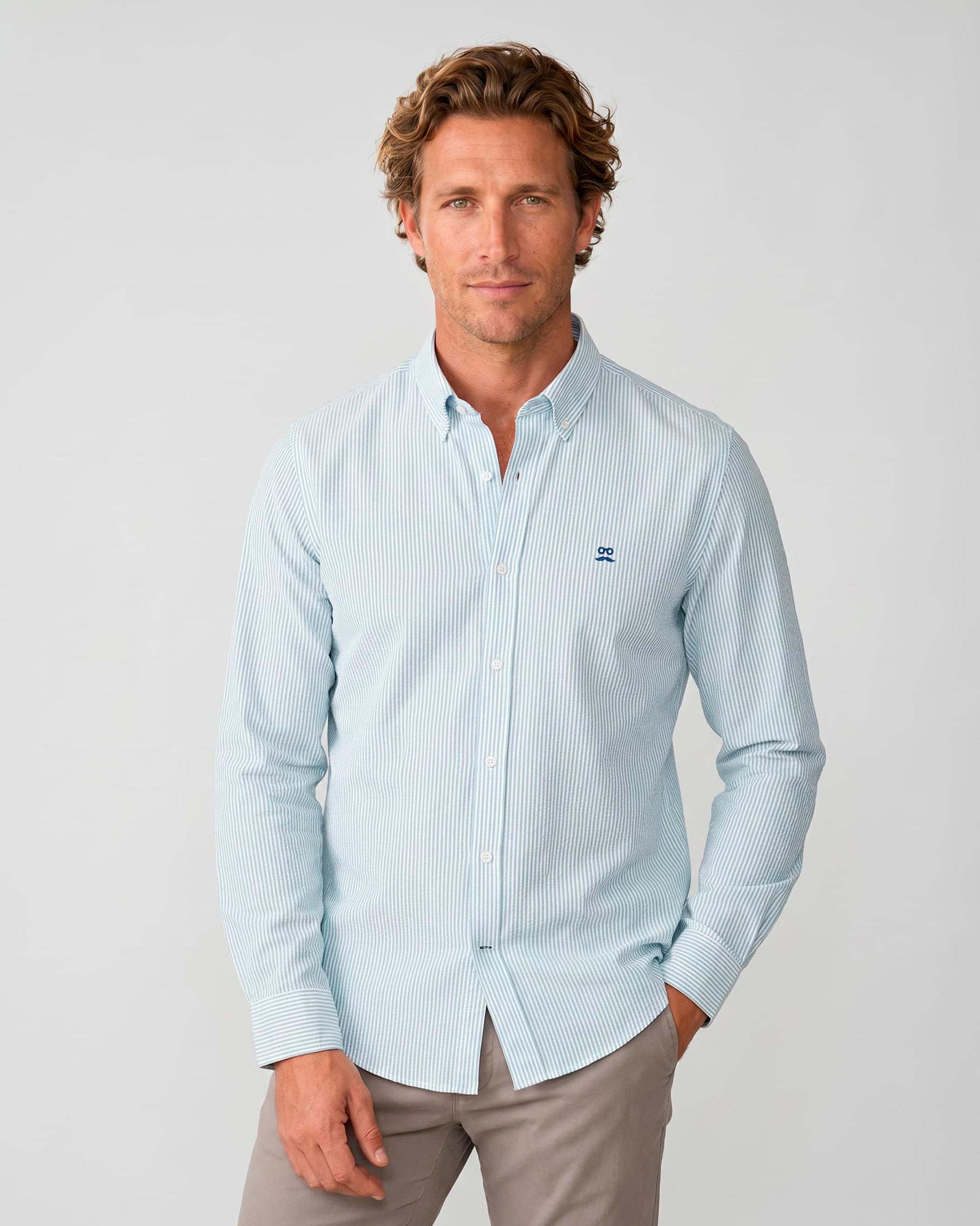 Imagen 1 de Camisa oxford de hombre slim con estampado de rayas - Makarthy - Azul claro Azul claro