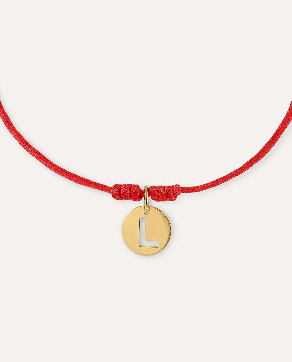 Pulsera Letra Calada L de oro 9K montada en hilo rojo Oro-3