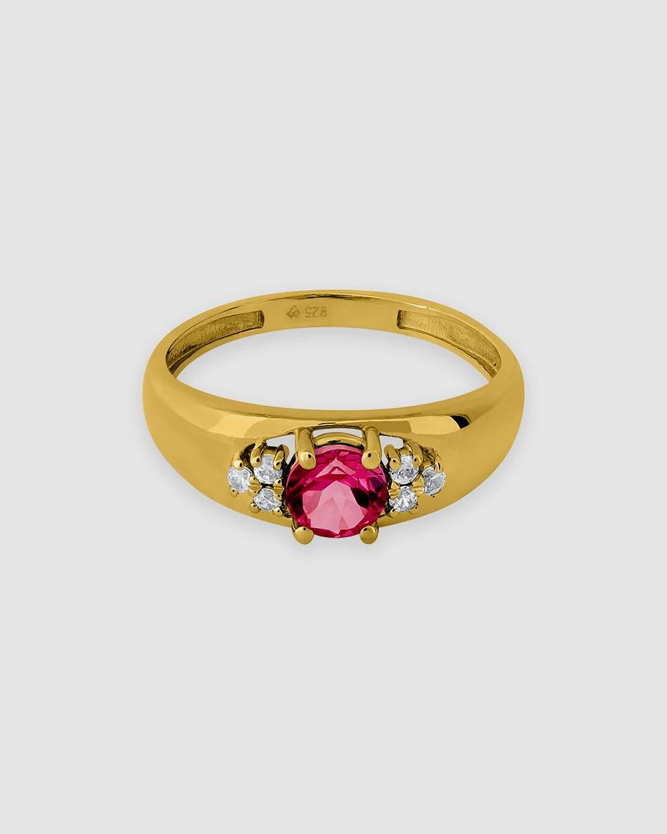 Anillo tucán de plata bañada en oro de 18k montado en rodolita y piedra blanca - Bea Soldado - Rojo cereza Rojo cereza-3