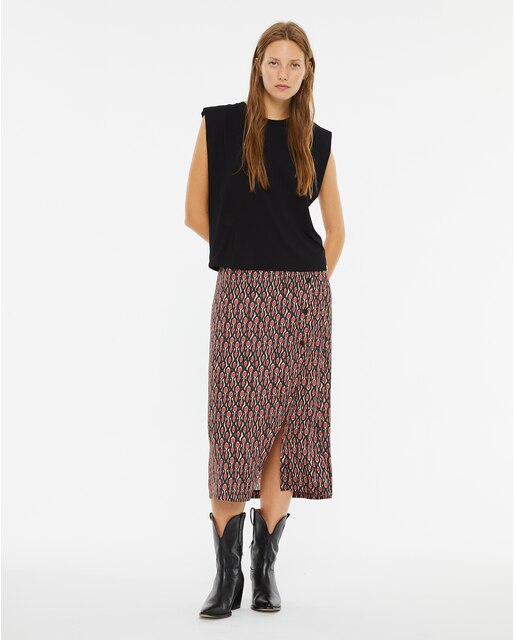 Falda midi estampado geométrico botones laterales