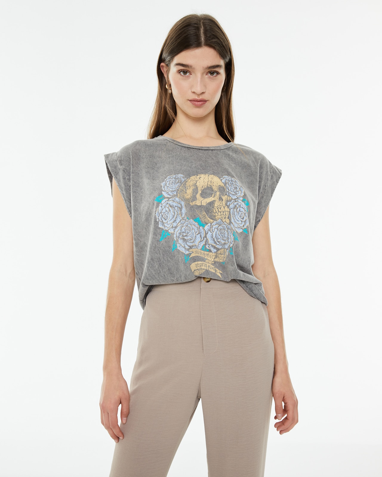 Camiseta de mujer sin mangas con estampado calavera - System Action - Gris Gris-1