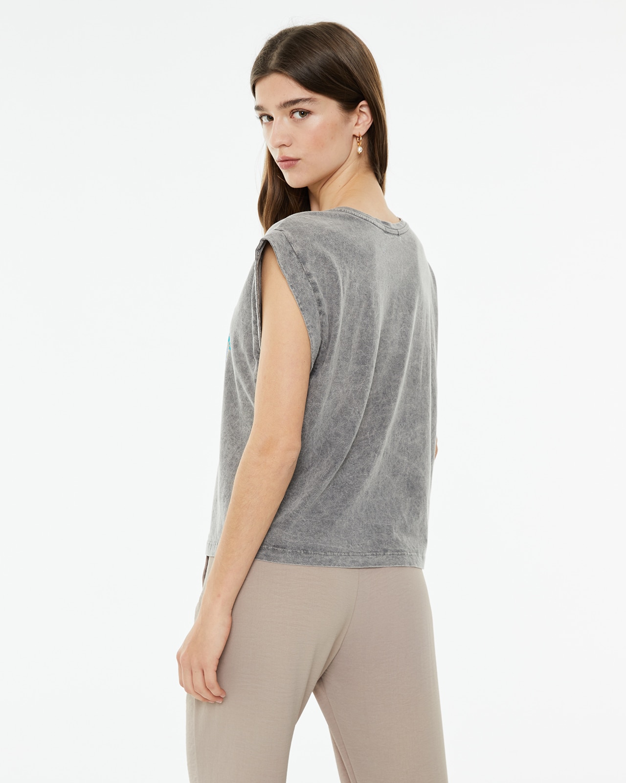 Camiseta de mujer sin mangas con estampado calavera - System Action - Gris Gris-2