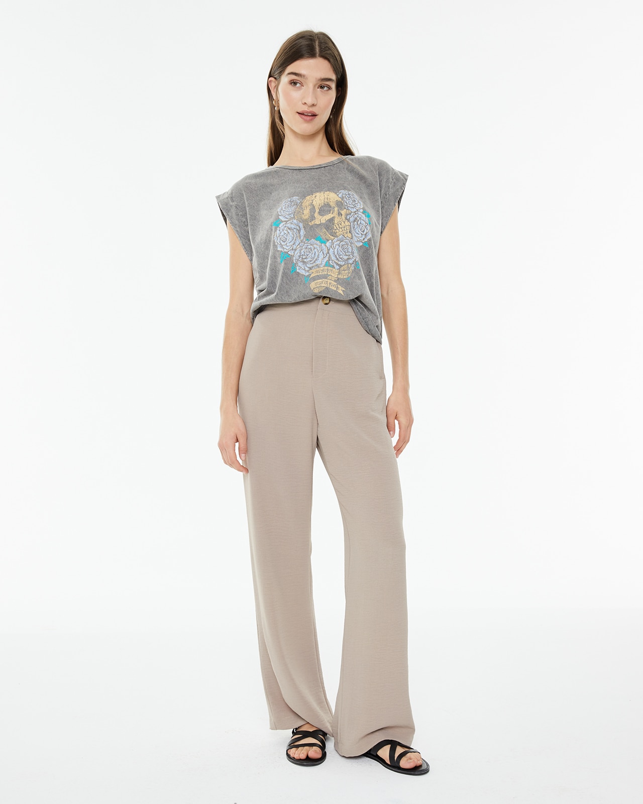 Camiseta de mujer sin mangas con estampado calavera - System Action - Gris Gris-3