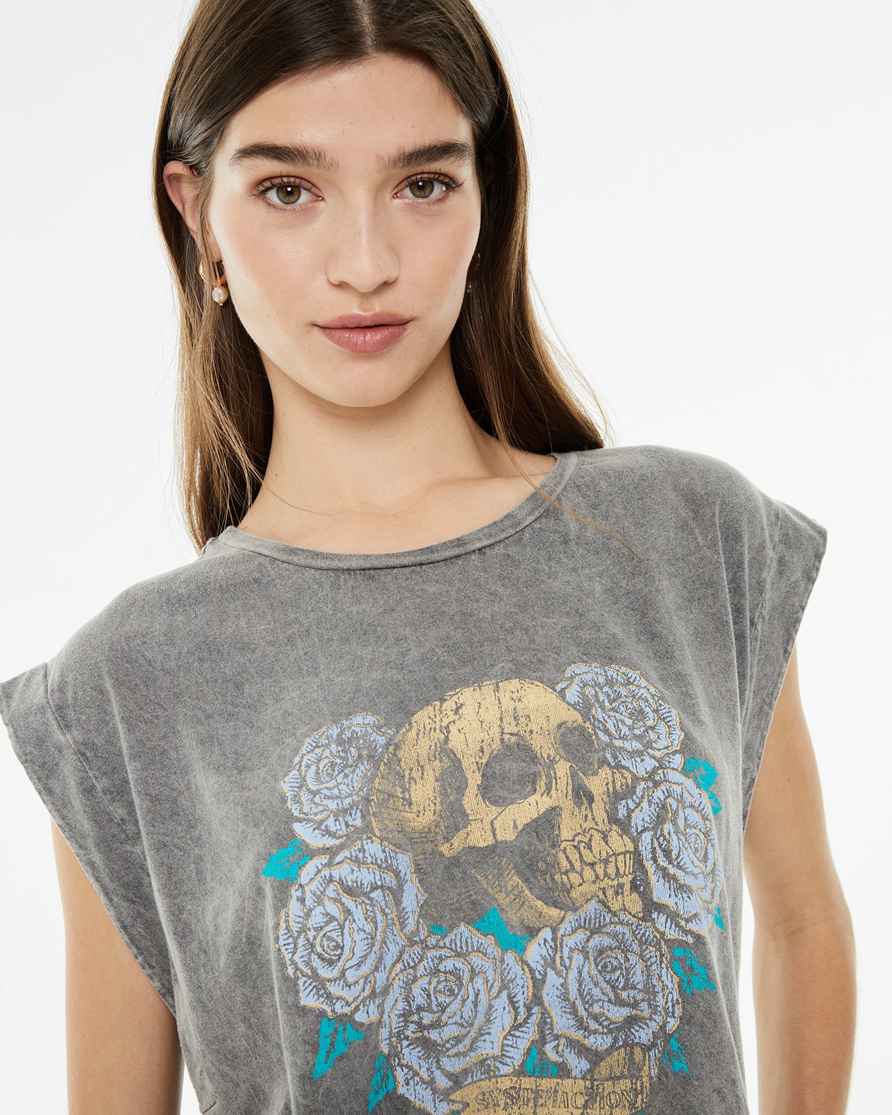Camiseta de mujer sin mangas con estampado calavera - System Action - Gris Gris-4