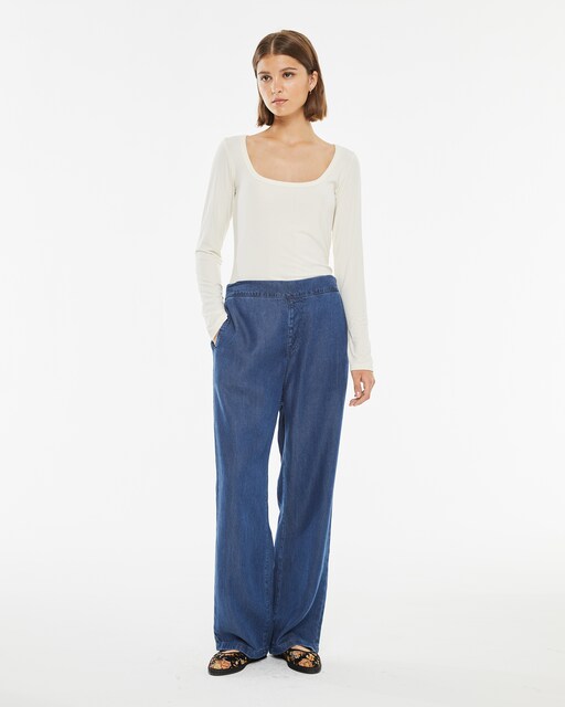 Imagen 0 de Pantalón recto de mujer fluido efecto denim con cintura elástica