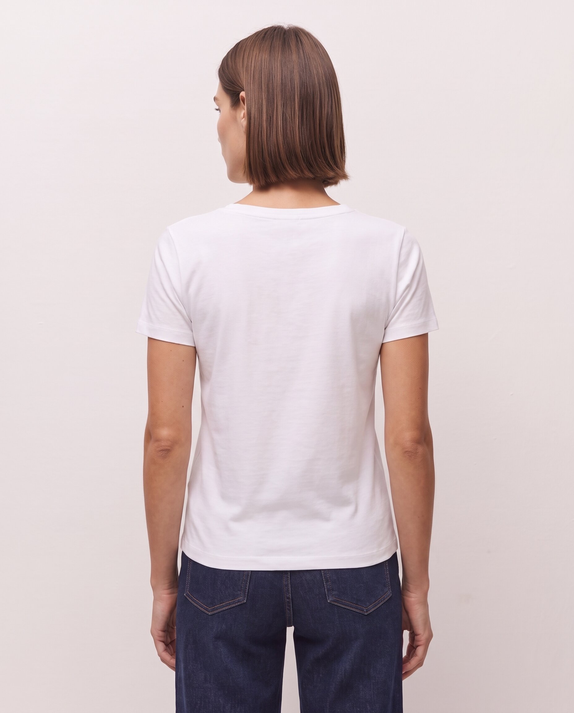 Camiseta de mujer de manga corta con escote en pico y detalle de puntilla - System Action - Blanco Blanco-2