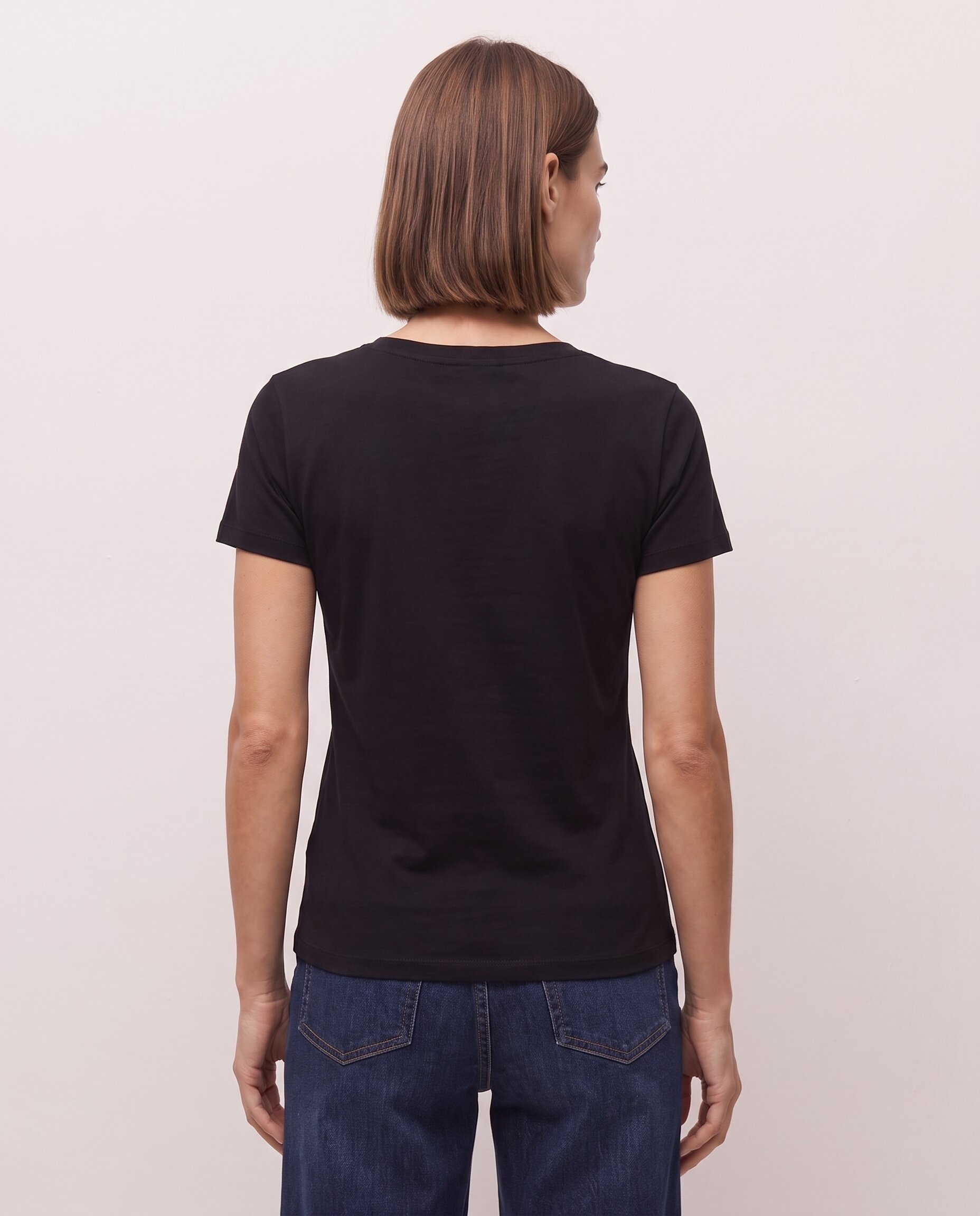 Camiseta de mujer de manga corta con escote en pico y detalle de puntilla - System Action - Negro Negro-2