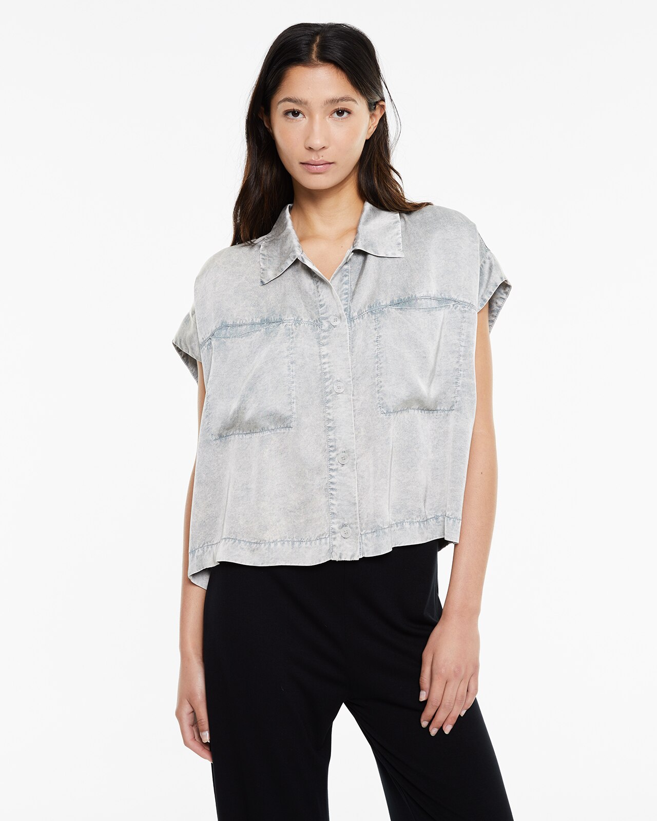Camisa de mujer oversize con bolsillos plastrón - System Action - Gris Gris-1
